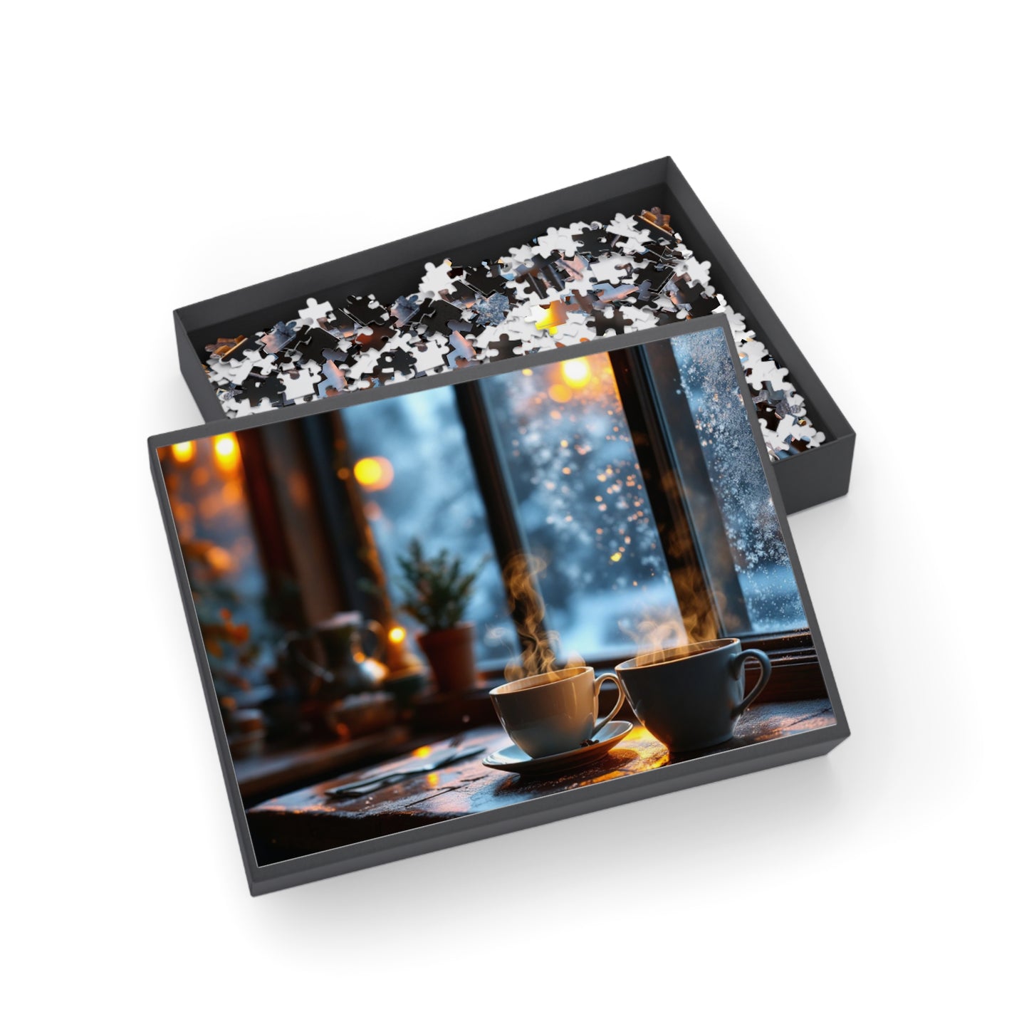 Cozy Winter Coffee Puzzle – Steaming Cups & Snowy Window Views, Perfect Holiday & Family Gift
