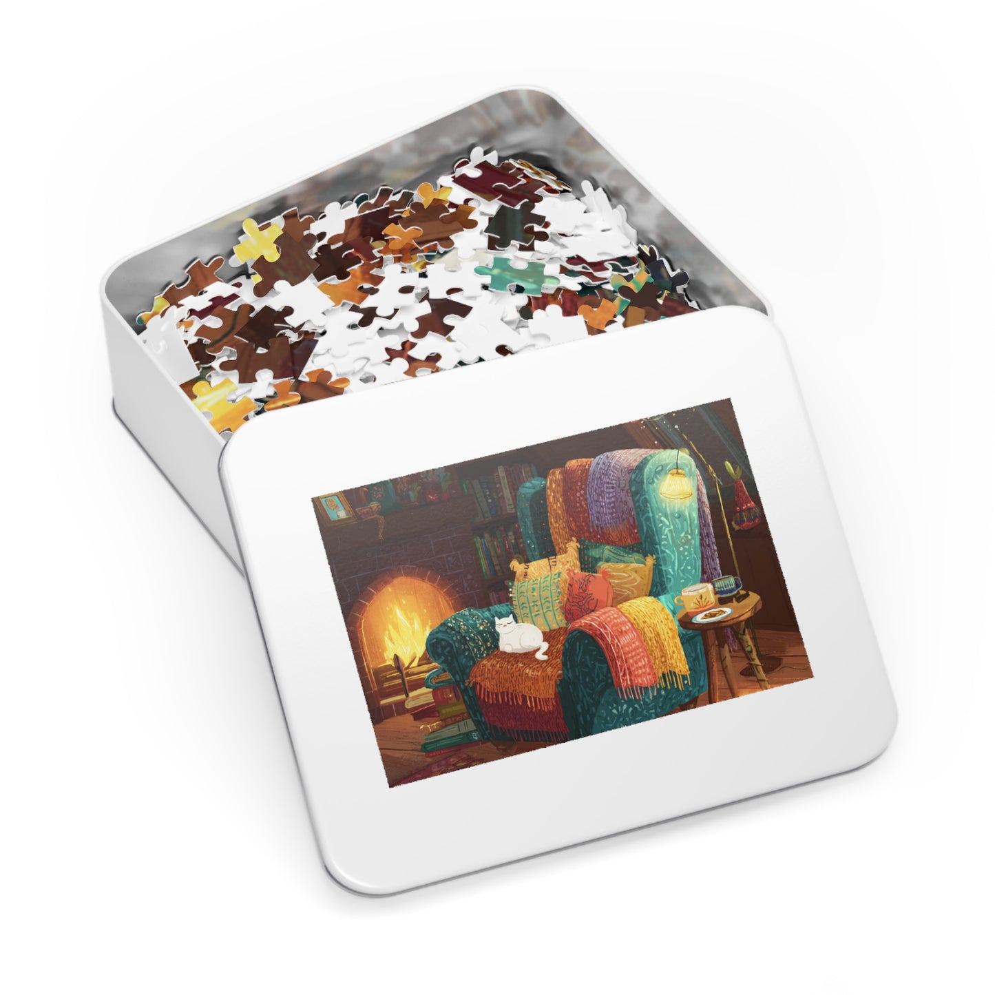 Colorful Cozy Armchair With A White Cat and Fireplace Jigsaw Puzzle with Tin – 500-Piece Relaxing Reading Nook Scene