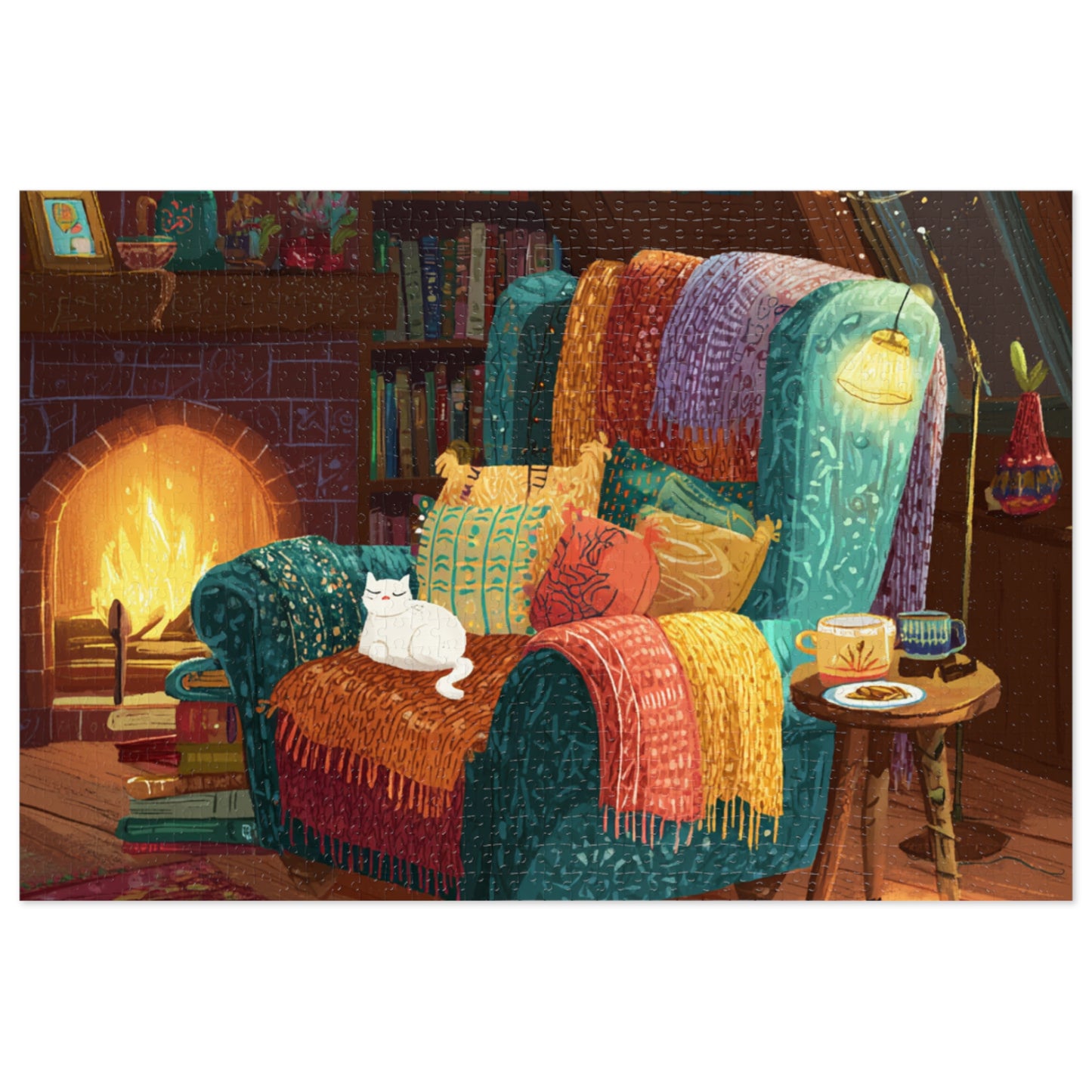 Colorful Cozy Armchair With A White Cat and Fireplace Jigsaw Puzzle with Tin – 500-Piece Relaxing Reading Nook Scene