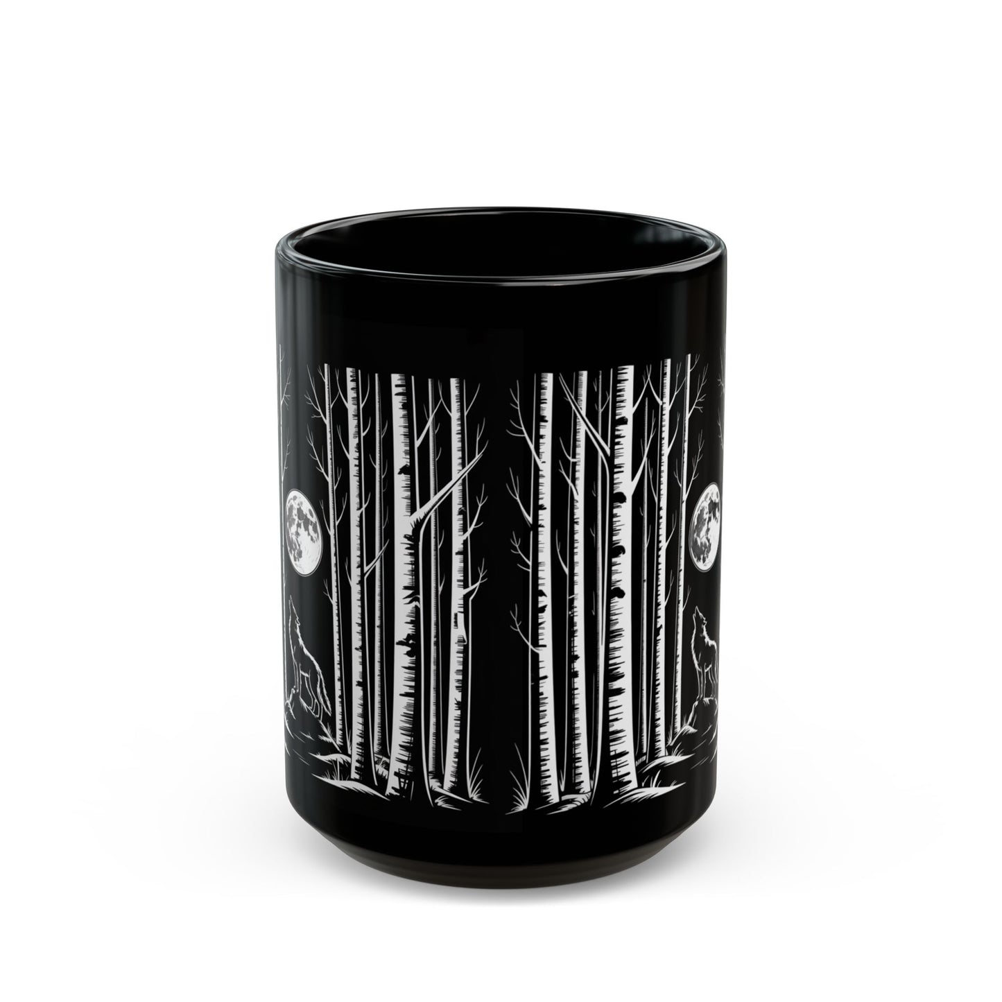 Wolf Howling at the Moon Forest Mug — Black Ceramic Coffee Cup (11oz, 15oz)