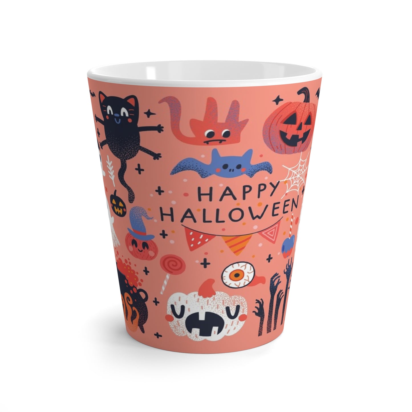 Happy Halloween Latte Mug — Cute Spooky Cats, Ghosts & Pumpkins Coffee Cup
