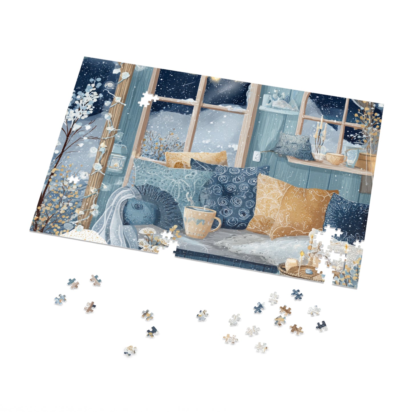 Snowy Hygge Evening by the Window | Cozy Winter Jigsaw Puzzle | Warm Lights, Candles & Cocoa | Relaxing Night-In Puzzle