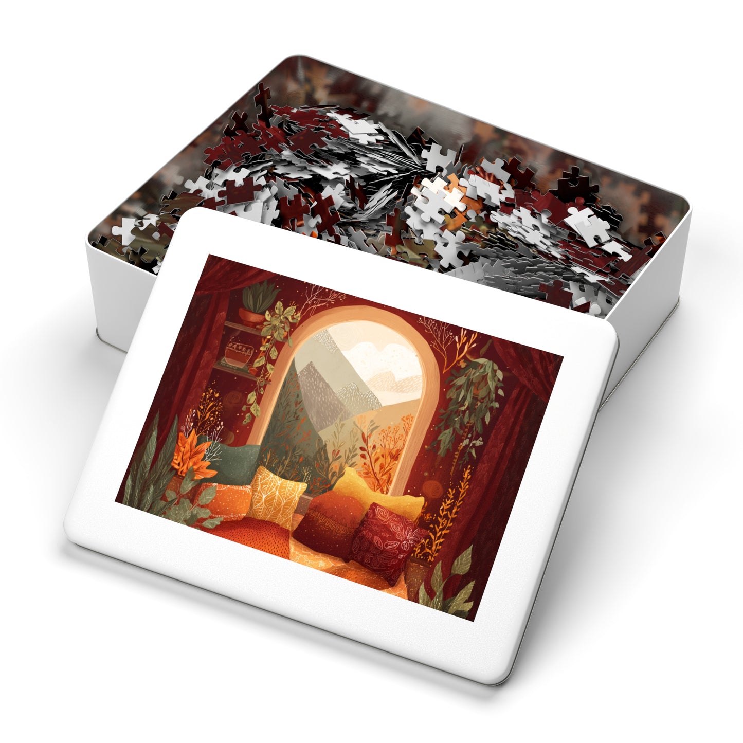 Cozy Window View Jigsaw Puzzle with Tin – Autumn Cabin Scenic Puzzle