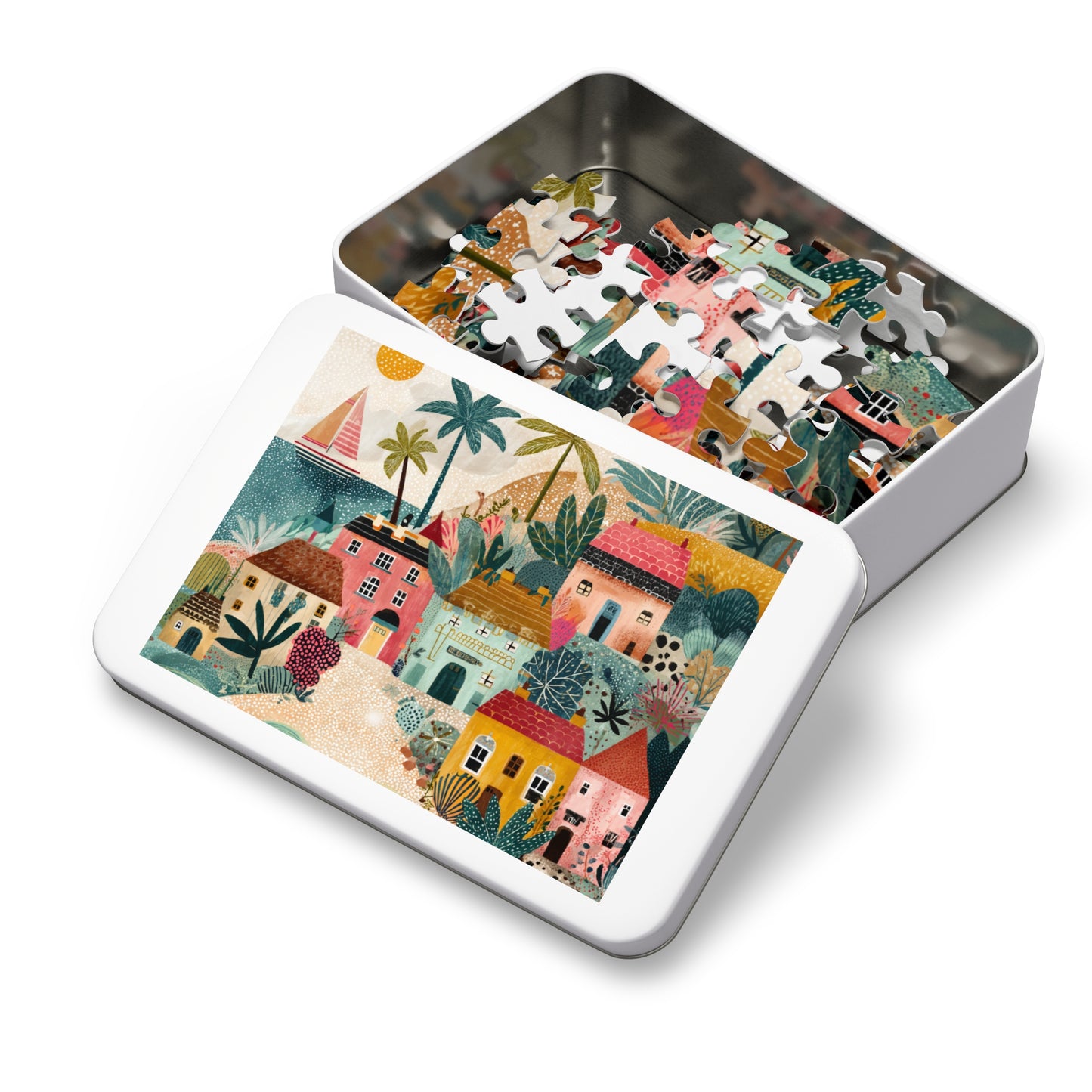 Colorful Coastal Village Jigsaw Puzzle with Tin – Fun Family Activity, Whimsical Folk Art Puzzle, Gift for All Ages