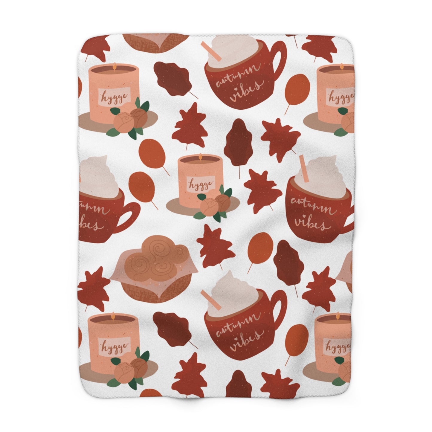 Autumn Vibes Hygge Sherpa Fleece Blanket | Cozy Fall Throw | Coffee & Leaves Design | Soft Plush Blanket Gift for Her