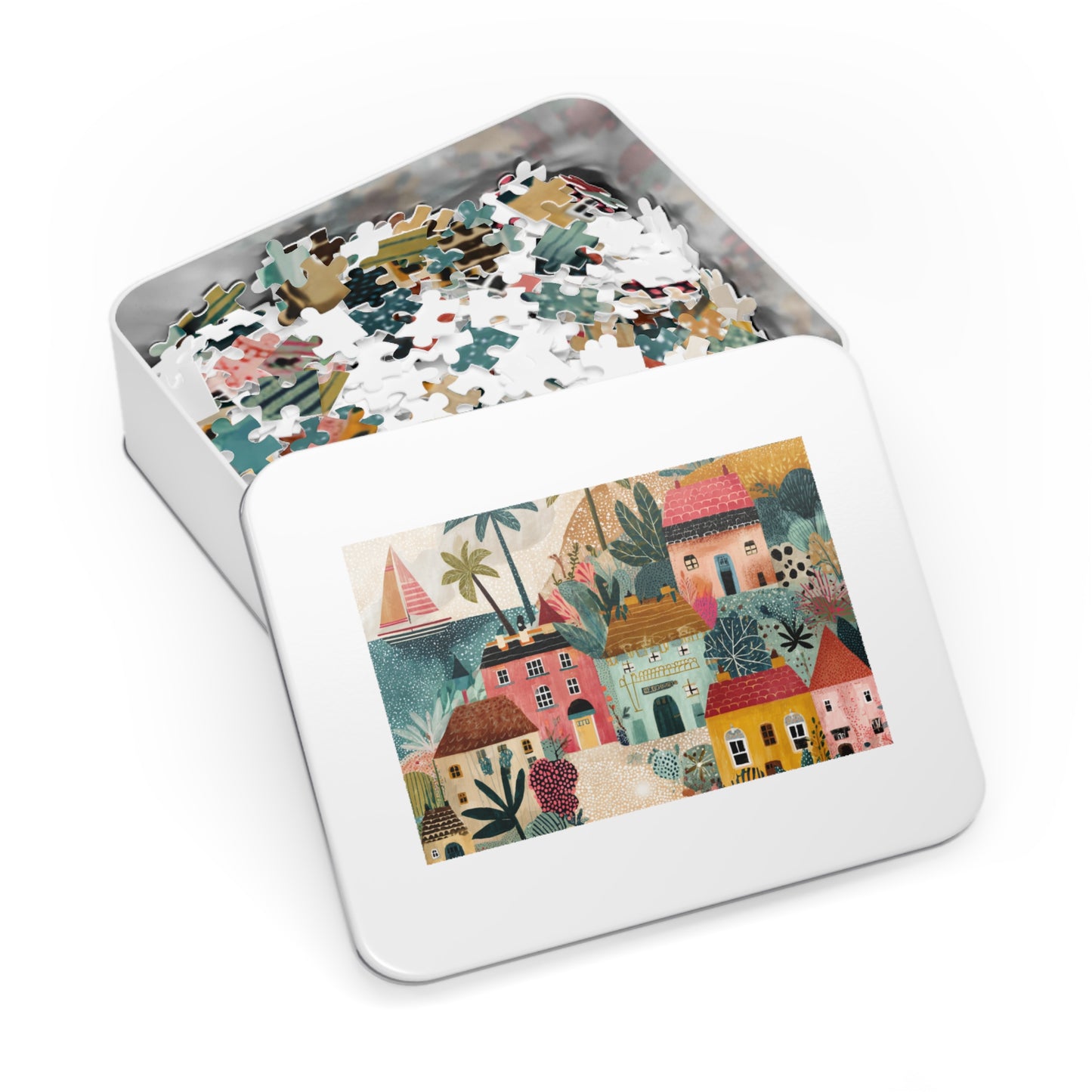 Colorful Coastal Village Jigsaw Puzzle with Tin – Fun Family Activity, Whimsical Folk Art Puzzle, Gift for All Ages