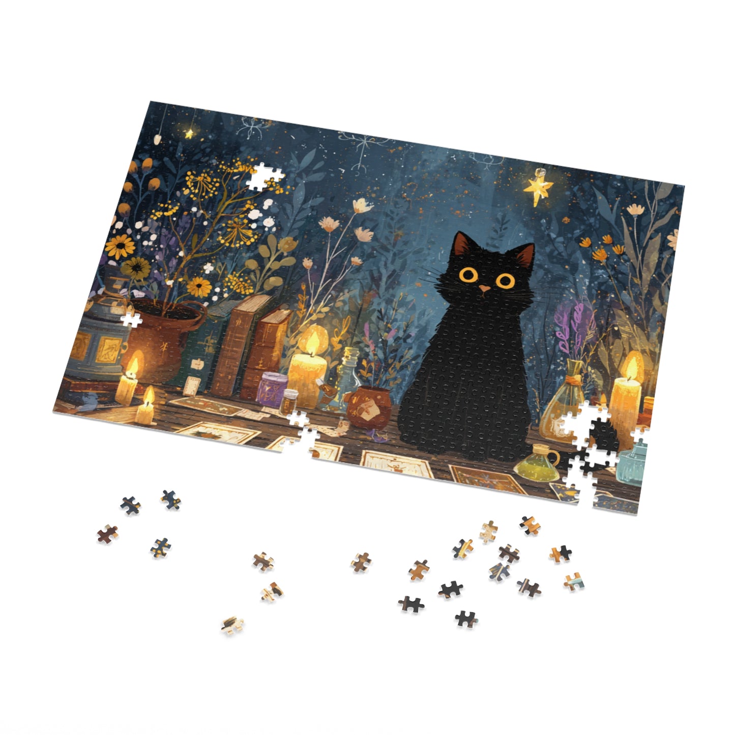 Enchanted Black Cat Puzzle with Tarot, Candles, and Spellbinding Herbs in A Gift Tin. Gift for Cat lovers, Halloween Gift Puzzle