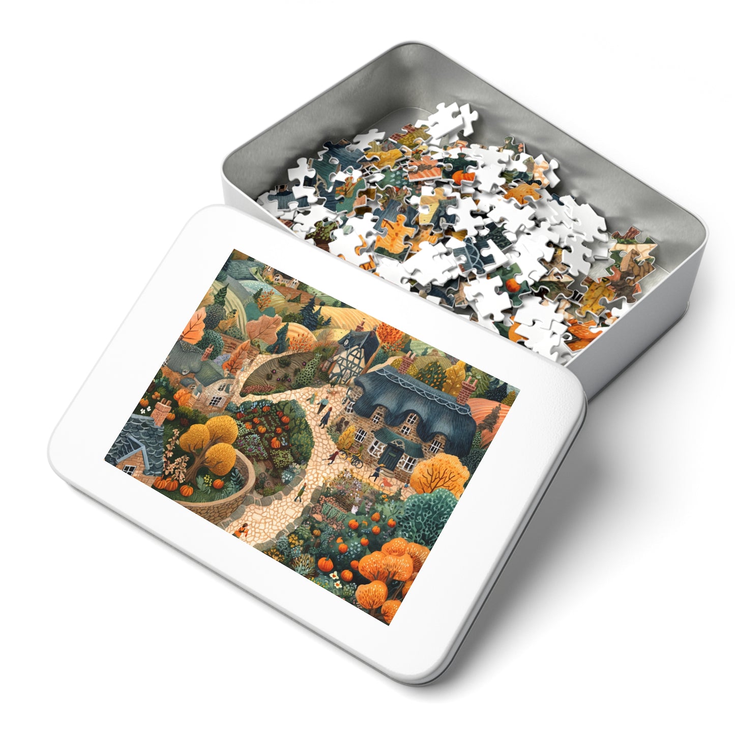 Autumn Cottage Village Jigsaw Puzzle — 500-Piece Fall Village Puzzle with Tin Gift Box
