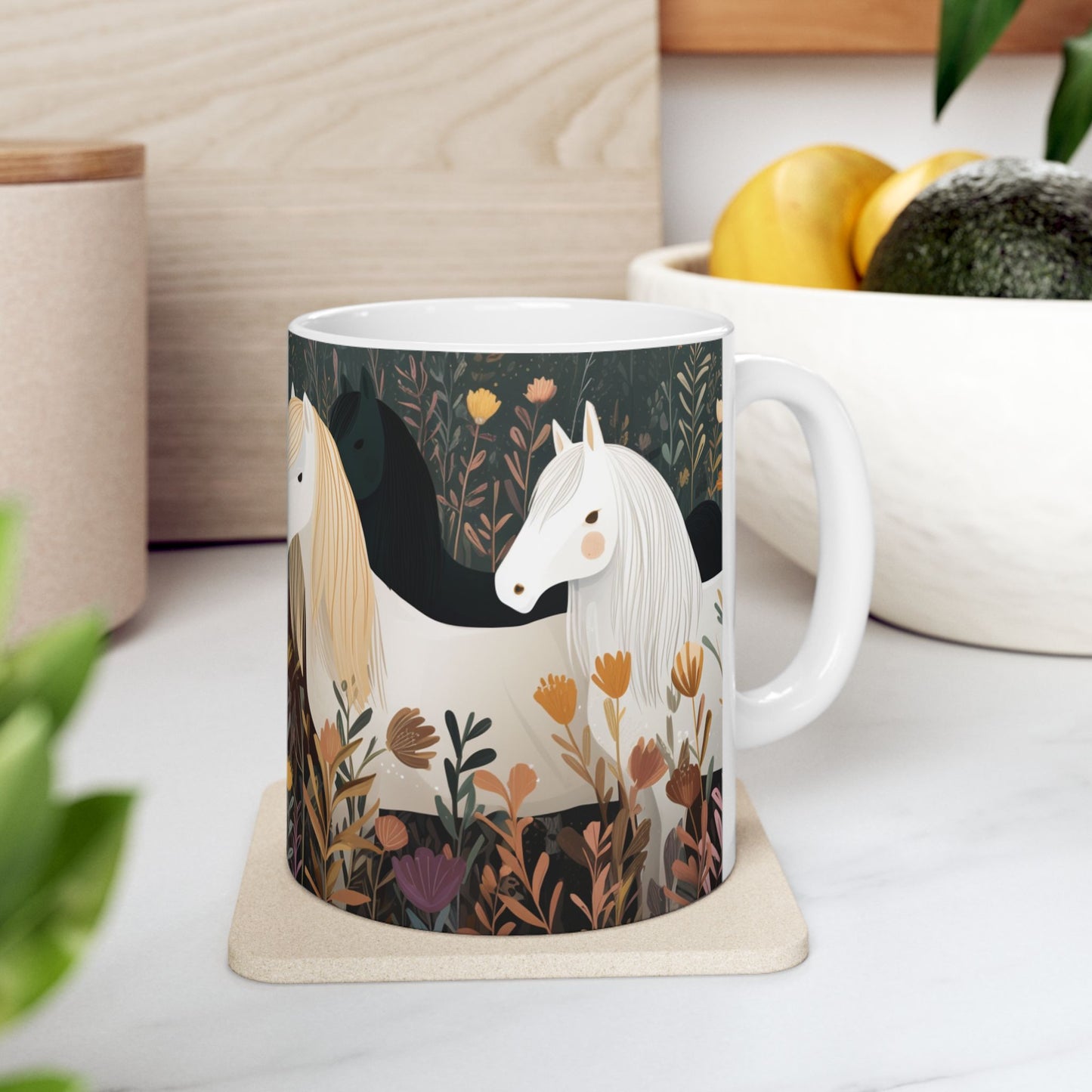 Whimsical Horse Mug, Grazing Horses in a Wildflower Field, Country Farm Coffee Cup, Equestrian Gift, Nature Lover Mug, 11oz and  15oz