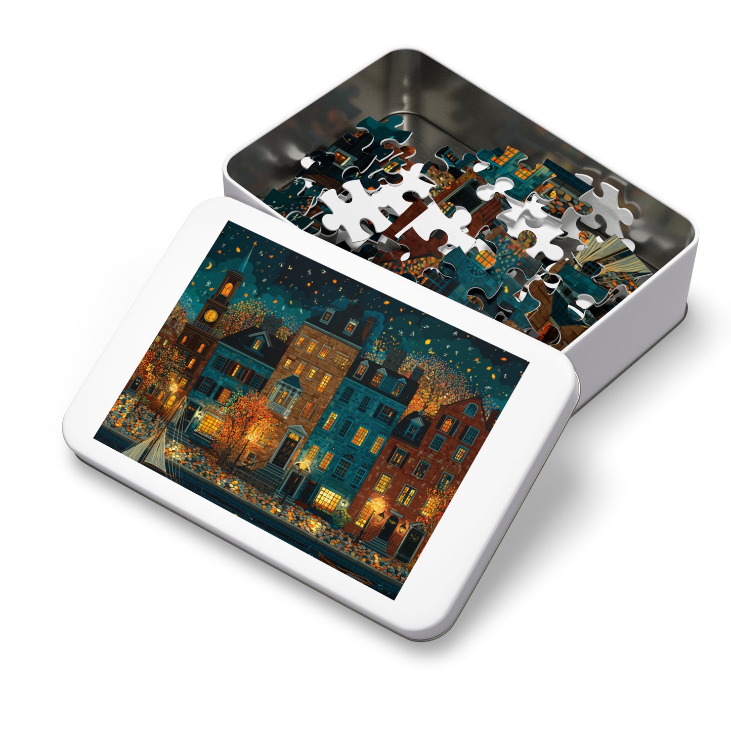 Whimsical Pennsylvania Fall Neighborhood Puzzle – A Cozy Autumn Escape Jigsaw Puzzle with Tin