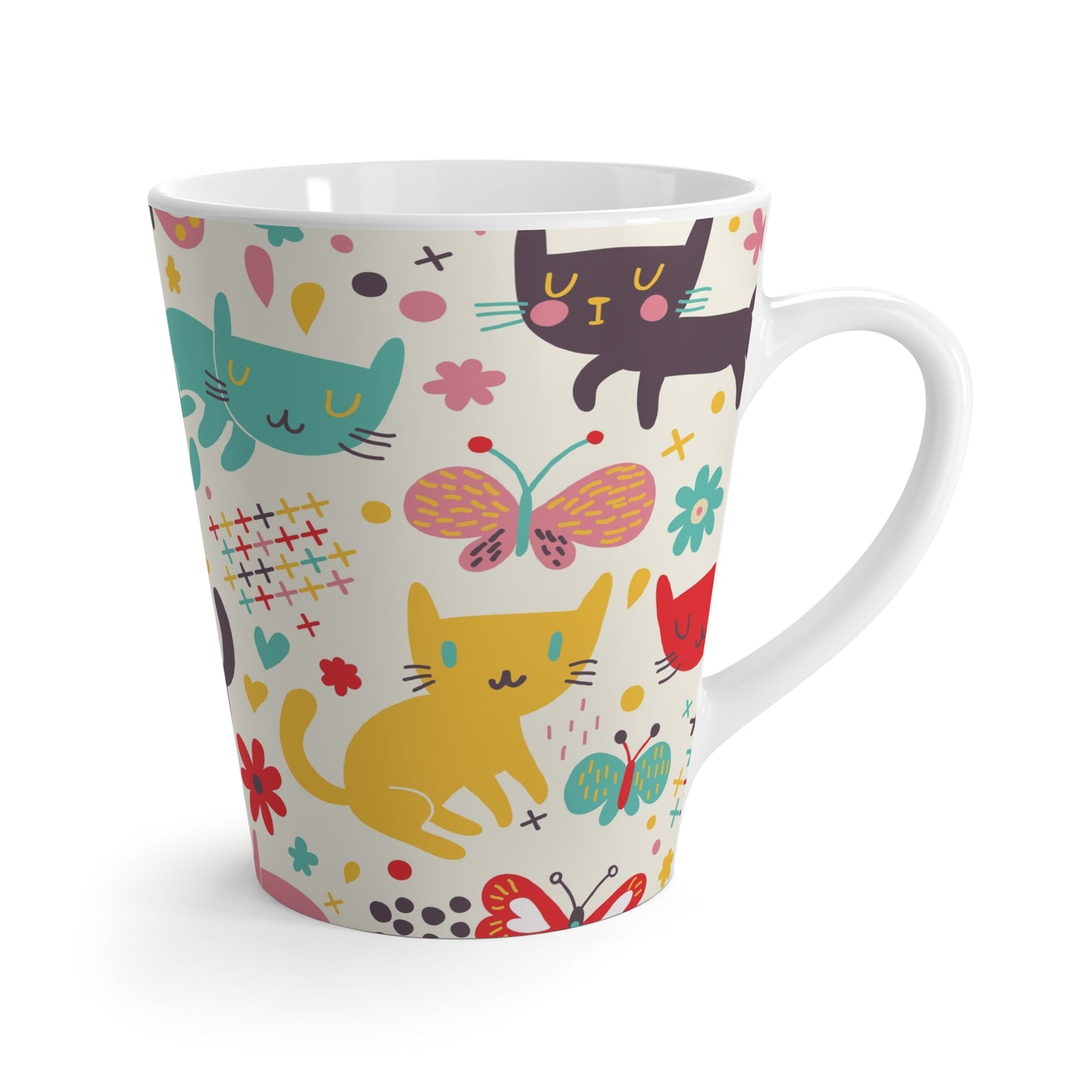 Latte Mug - Colorful Cute Cats & Butterflies Ceramic Coffee Cup