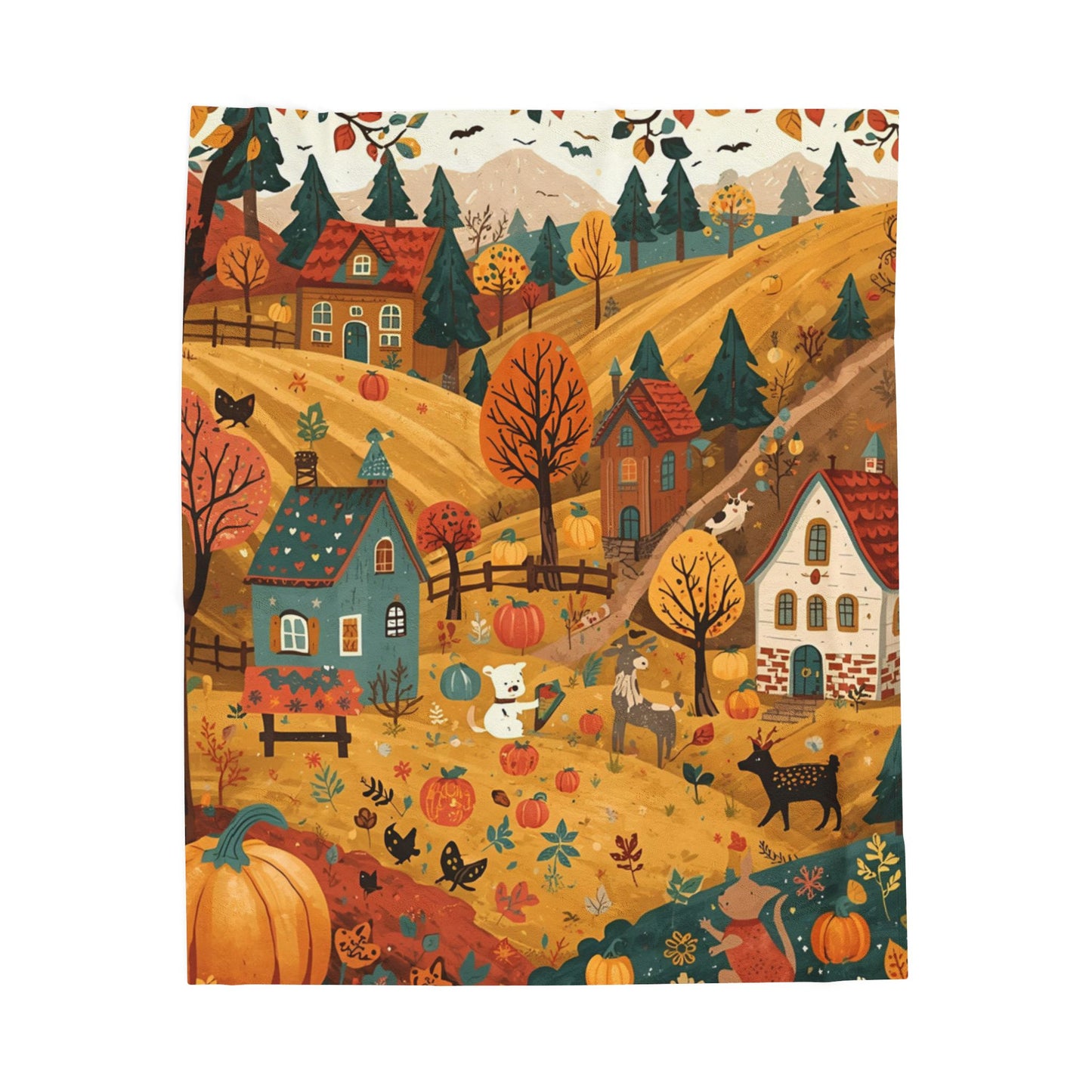 Cozy Autumn Village Velveteen Plush Blanket | Fall Harvest Throw | Soft Plush Blanket Gift | Warm Rustic Home Decor | Pumpkin Season Blanket