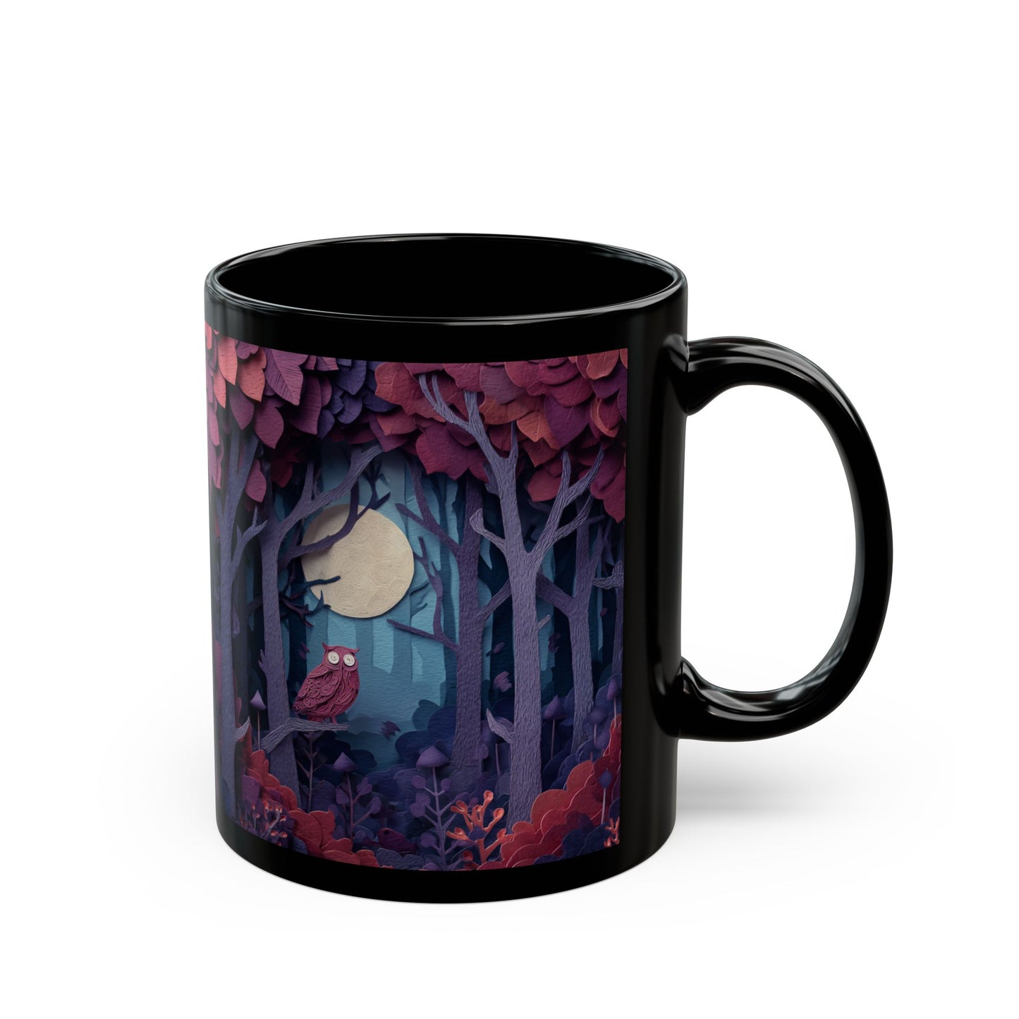 Black Mug with Mystical Forest, Owl and Moon, Colorful Autumn Coffee Cup, Magical Fall Drinkware, 11oz and 15oz