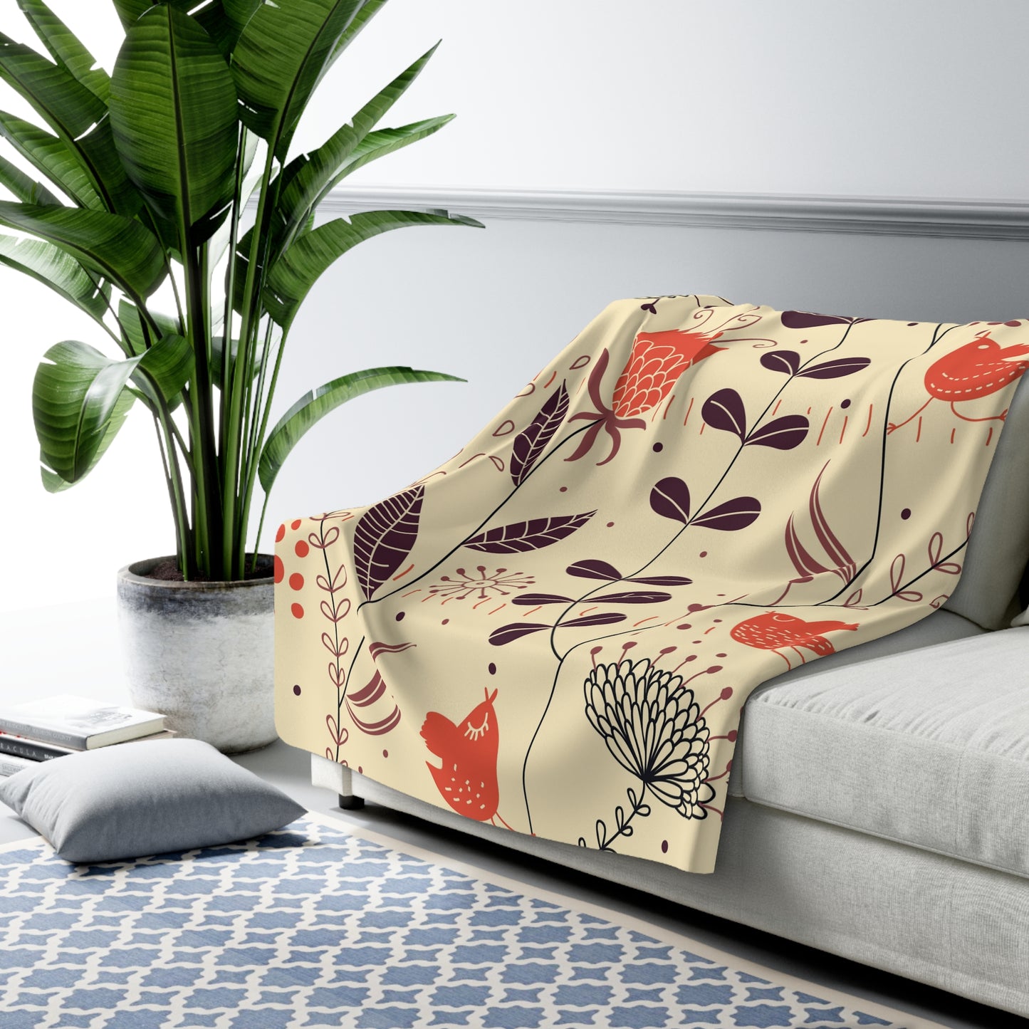Floral Bird Sherpa Blanket — Cozy Cream Fleece with Red Wildflower & Bird Print