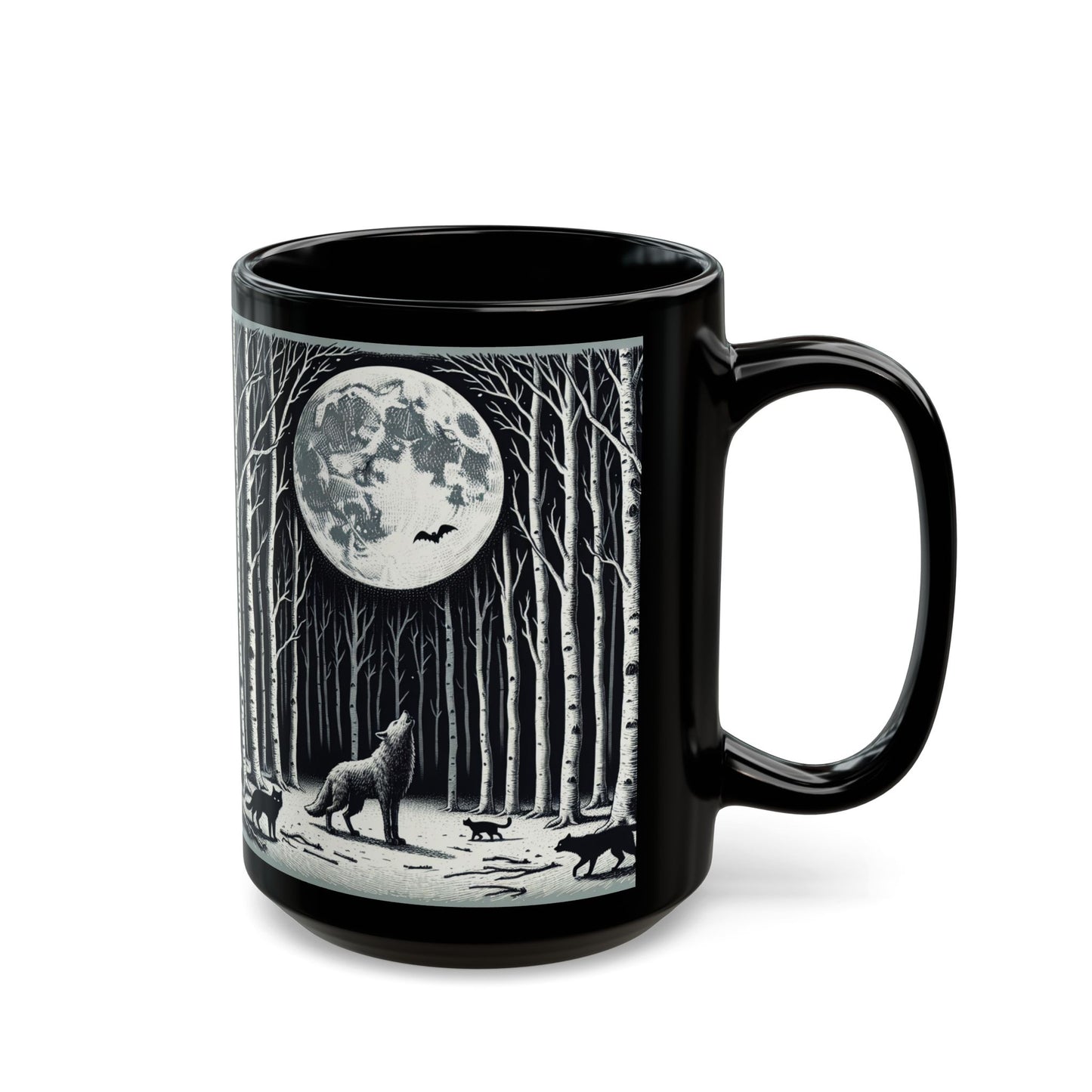 Mystical Moonlit Forest Mug with Wolf and Black Cat, Black Coffee Cup, Forest Lovers Gift, Perfect for Halloween