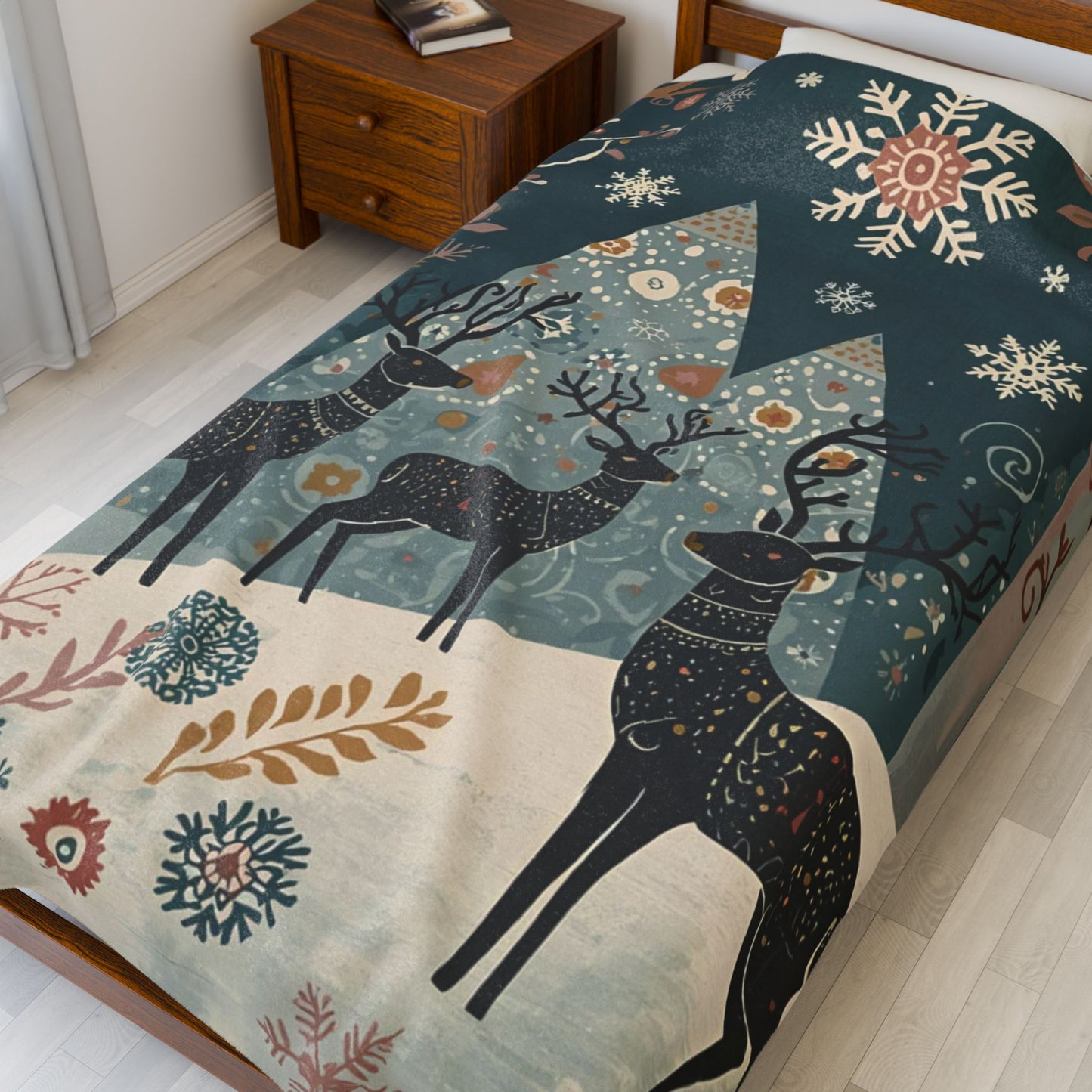 Whimsical Winter Deer Velveteen Plush Blanket | Cozy Woodland Throw | Soft Warm Blanket Gift| Snowflake & Deer Decor | Winter Home Accent