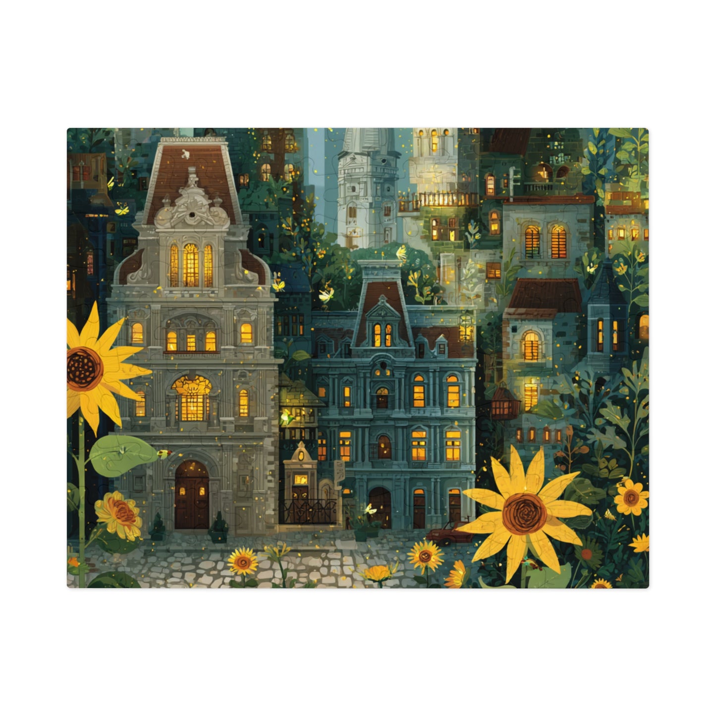 Whimsical Philadelphia Cityscape Sunflower Jigsaw Puzzle with Tin