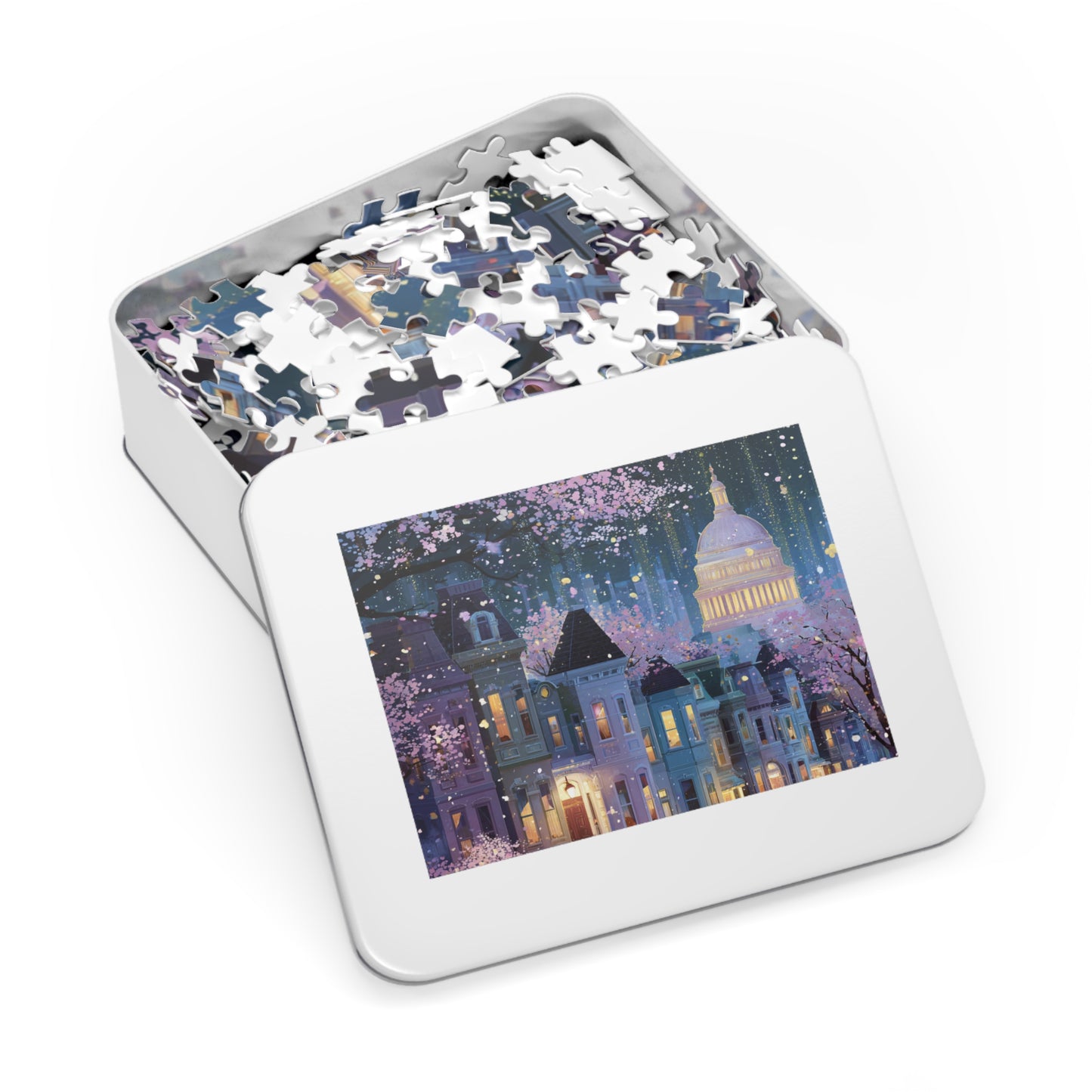 Whimsical Washington DC Cherry Blossom Puzzle – A Magical Springtime in the Nation’s Capital-Jigsaw Puzzle with Tin