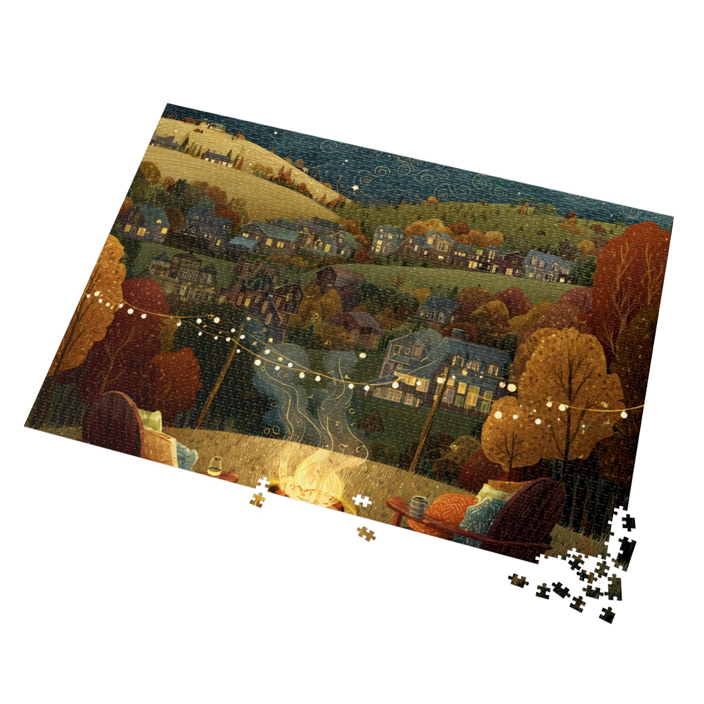 Cozy Hillside Evening Jigsaw Puzzle with Tin — Scenic Campfire Village Puzzle
