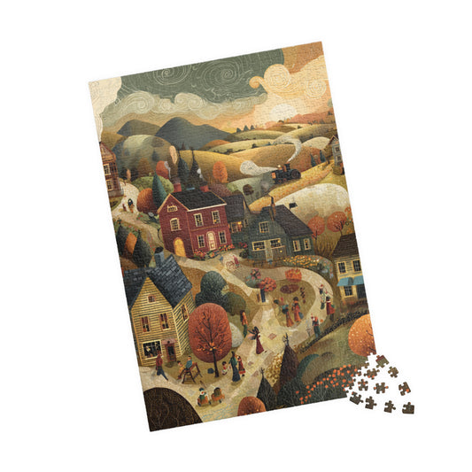 Golden Harvest Lane Puzzle | Cozy Autumn Village Scene | Fall Countryside Jigsaw Gift | Jazz N’ Coffee Puzzles