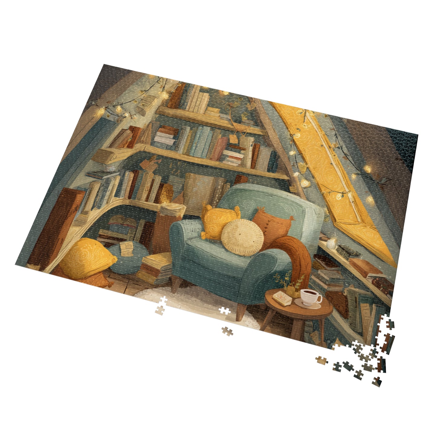 Cozy Reading Nook Jigsaw Puzzle (with Tin) — Warm Attic Books & Tea Scene