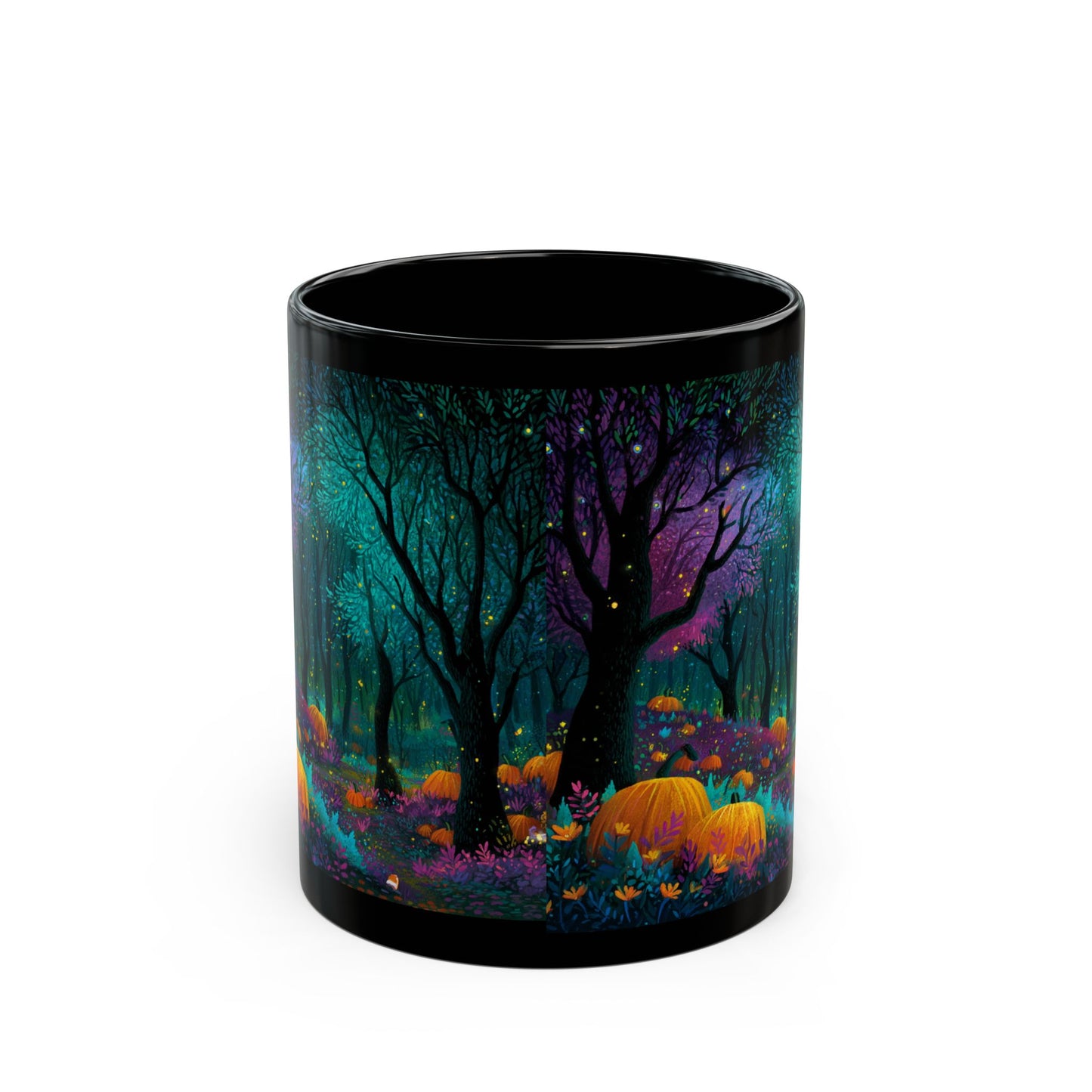 Black Mug with Enchanted Magical Forest, Halloween Coffee Cup, Spooky Autumn Drinkware, 11oz and 15oz