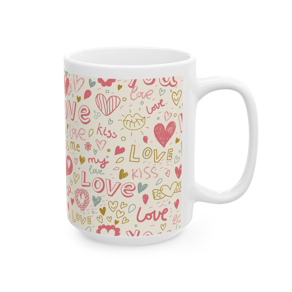 Colorful Love Mug, Hearts and Kisses Coffee Cup, Valentines Day Gift, Romantic Mug for Couples, Gift for Friends, Family, Significant Other