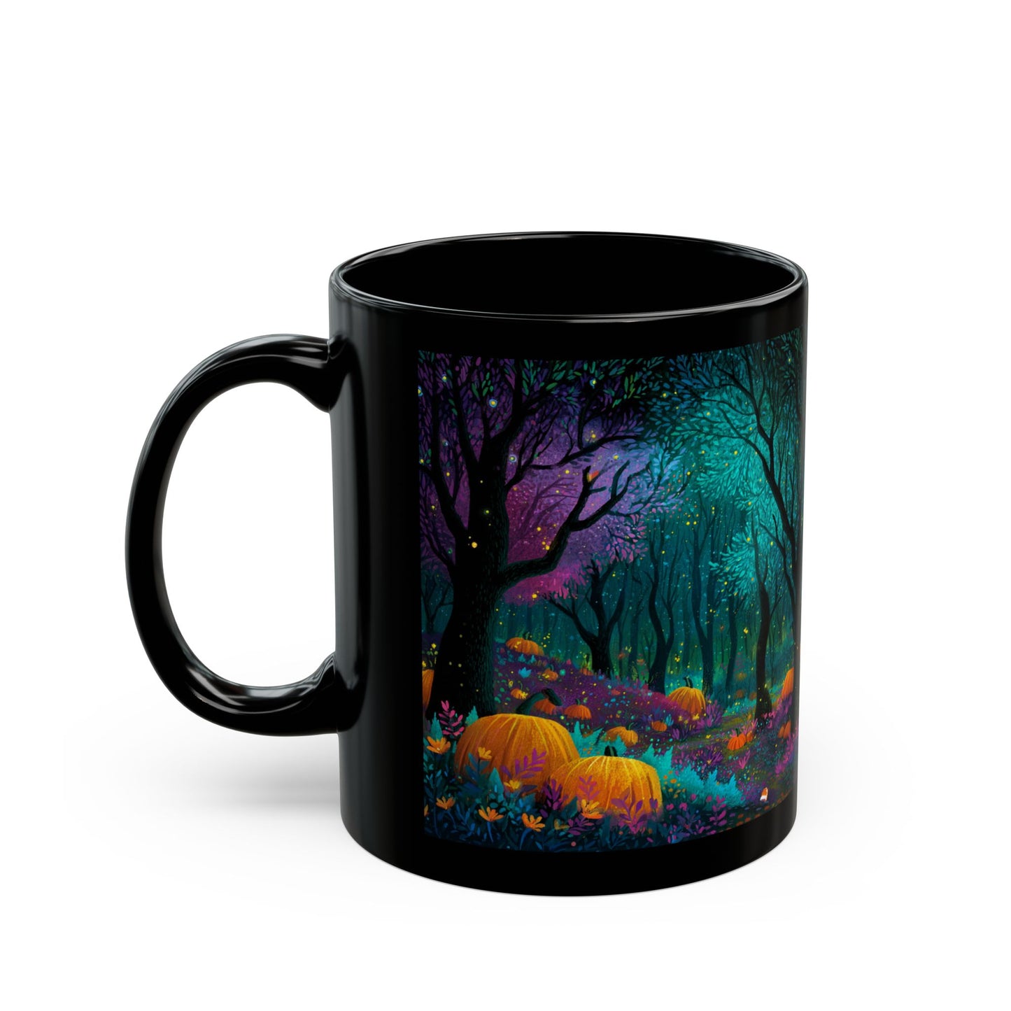 Black Mug with Enchanted Magical Forest, Halloween Coffee Cup, Spooky Autumn Drinkware, 11oz and 15oz