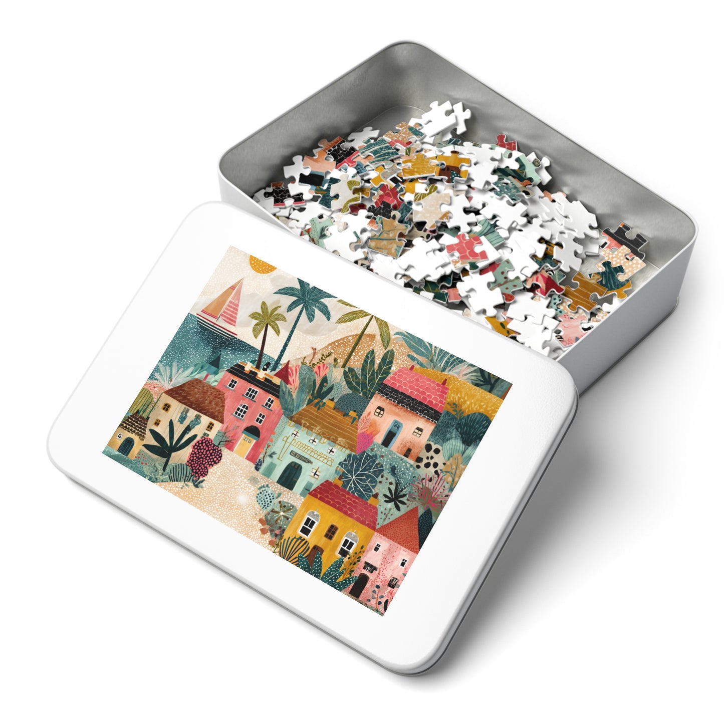 Colorful Coastal Village Jigsaw Puzzle with Tin – Fun Family Activity, Whimsical Folk Art Puzzle, Gift for All Ages