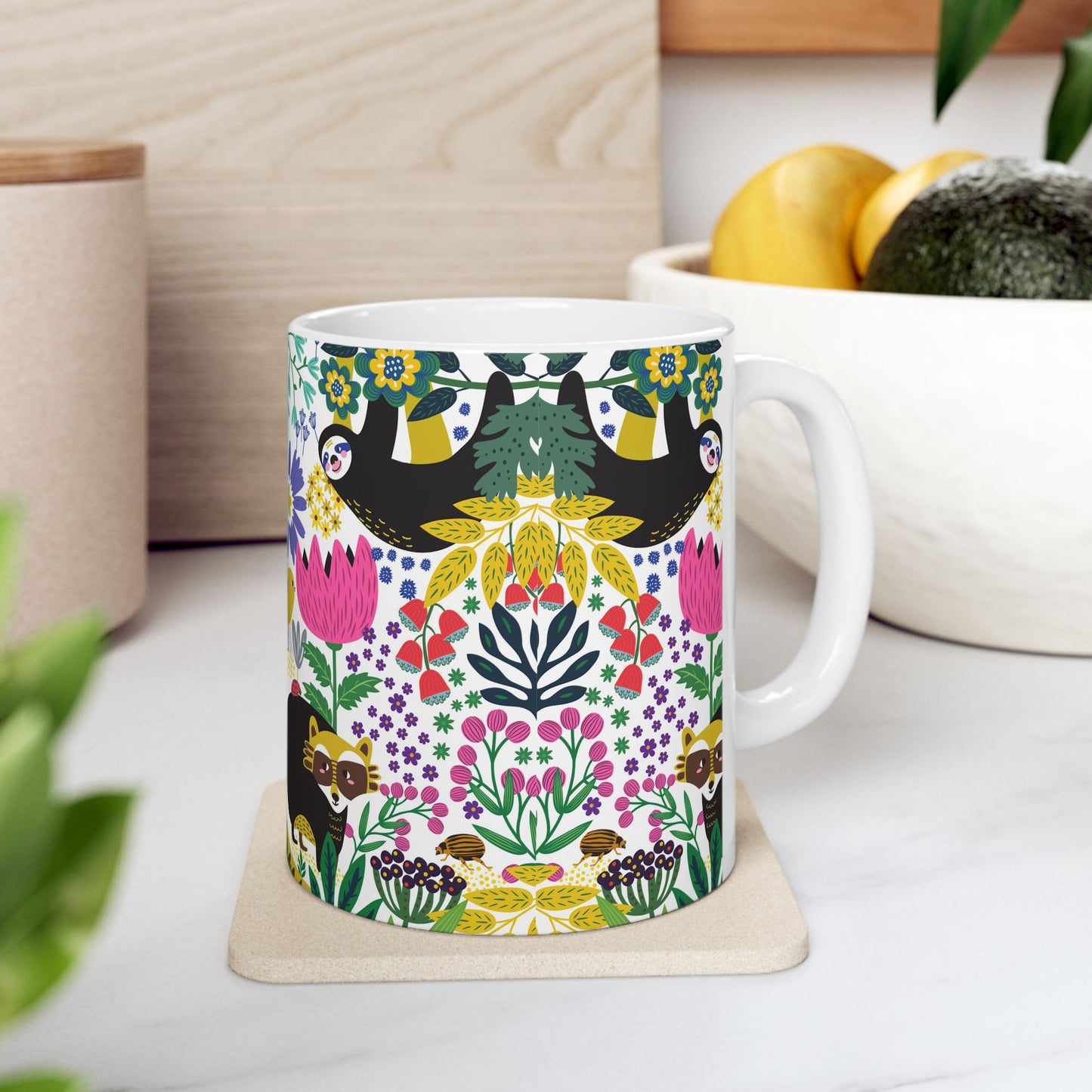 Whimsical Sloth & Raccoon Mug, Bright Floral Forest Animal Coffee Cup, Cheerful Design, 11oz and  15oz, Cute Animal Lover Gift