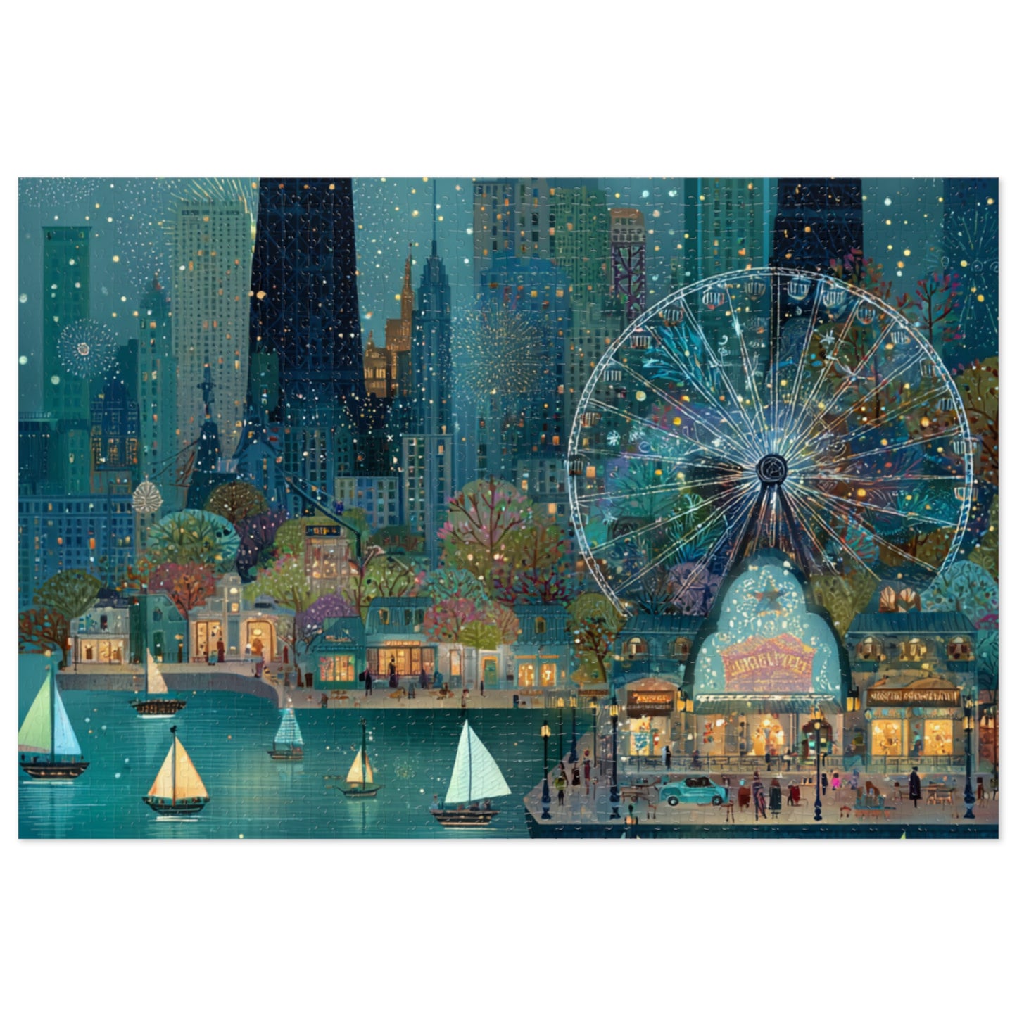 Seattle Waterfront Whimsical Jigsaw Puzzle with Tin