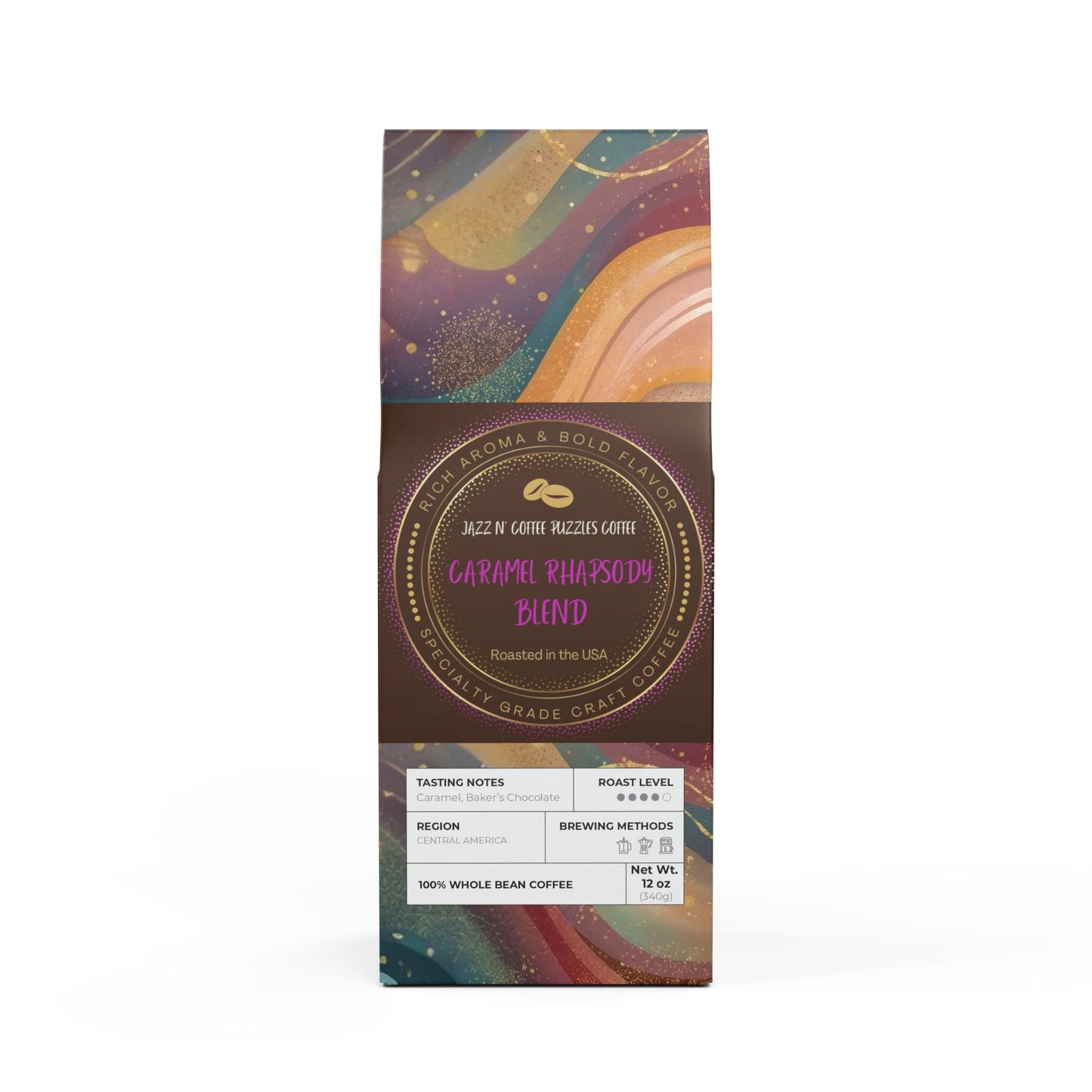 Caramel Rhapsody Coffee Blend, Medium-Dark Roast Coffee, Jazz N’ Coffee Puzzles, Gifts for Coffee Lovers