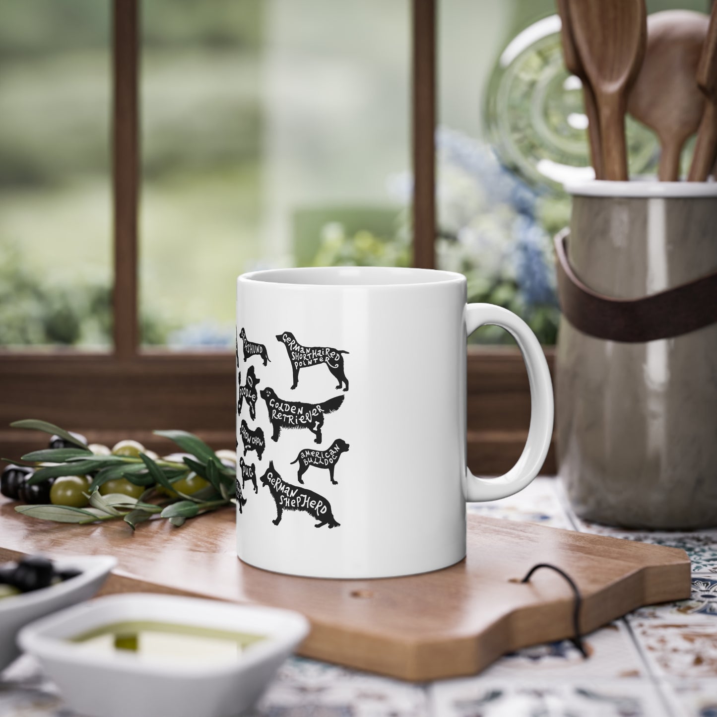 Dog Breeds Mug – Black Silhouette Breed Names Coffee Cup (11 oz)