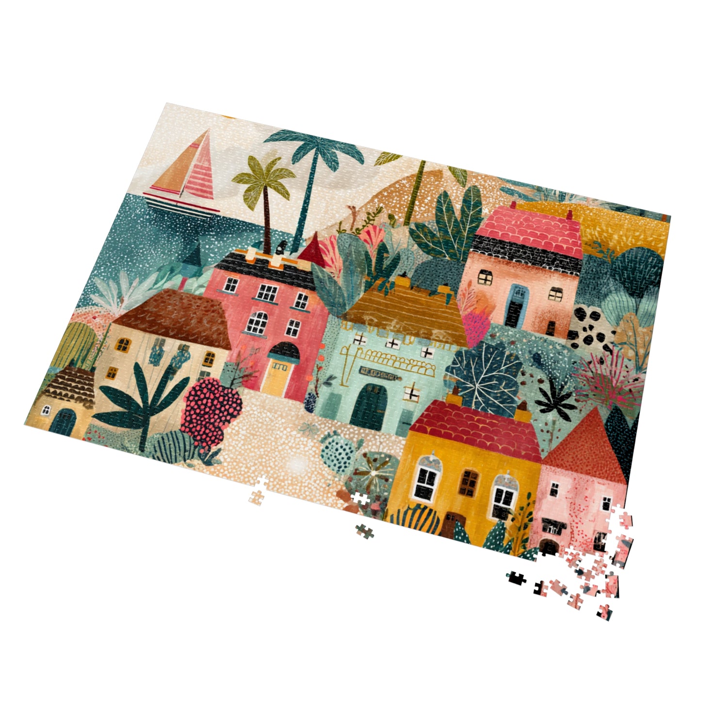 Colorful Coastal Village Jigsaw Puzzle with Tin – Fun Family Activity, Whimsical Folk Art Puzzle, Gift for All Ages