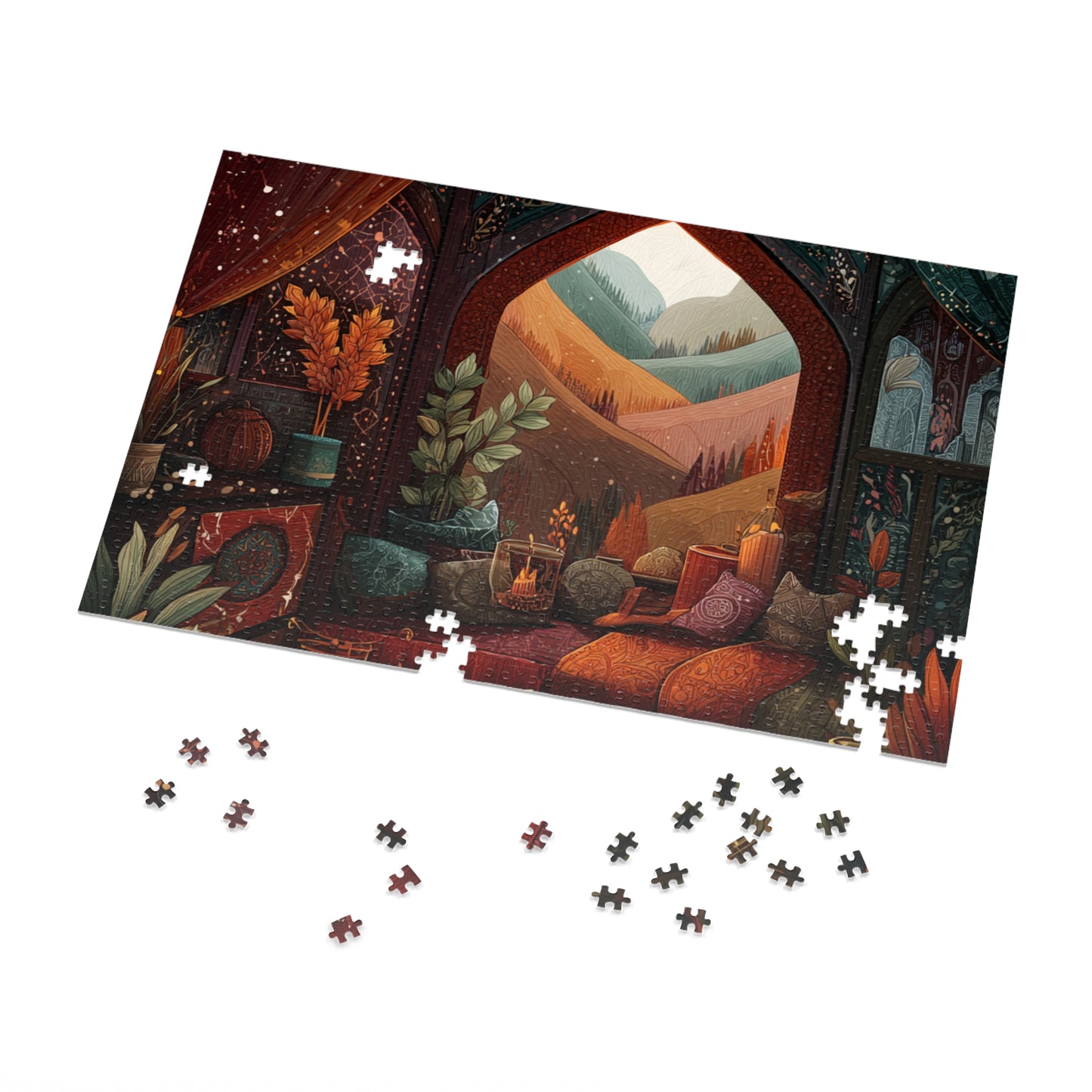 Cozy Autumn Window View Jigsaw Puzzle — 500-Piece Scenic Puzzle with Tin