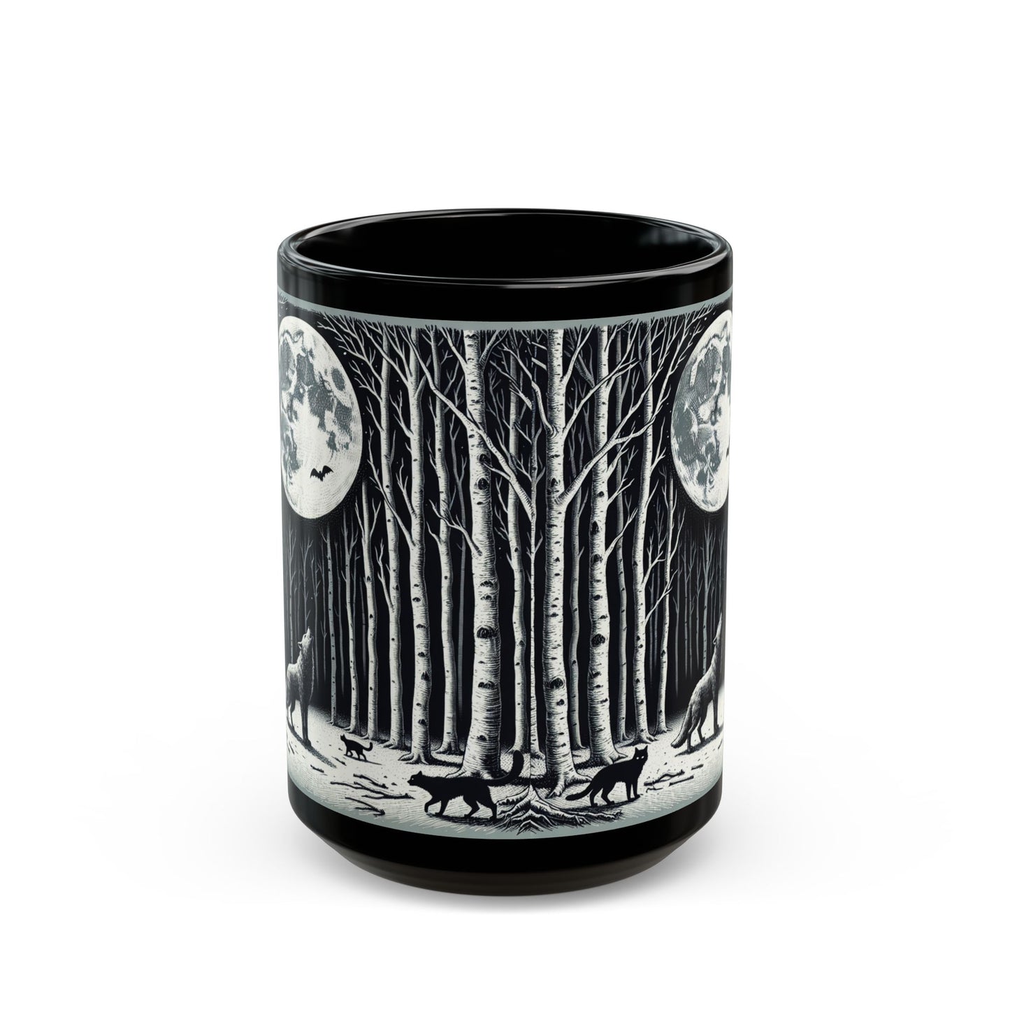 Mystical Moonlit Forest Mug with Wolf and Black Cat, Black Coffee Cup, Forest Lovers Gift, Perfect for Halloween
