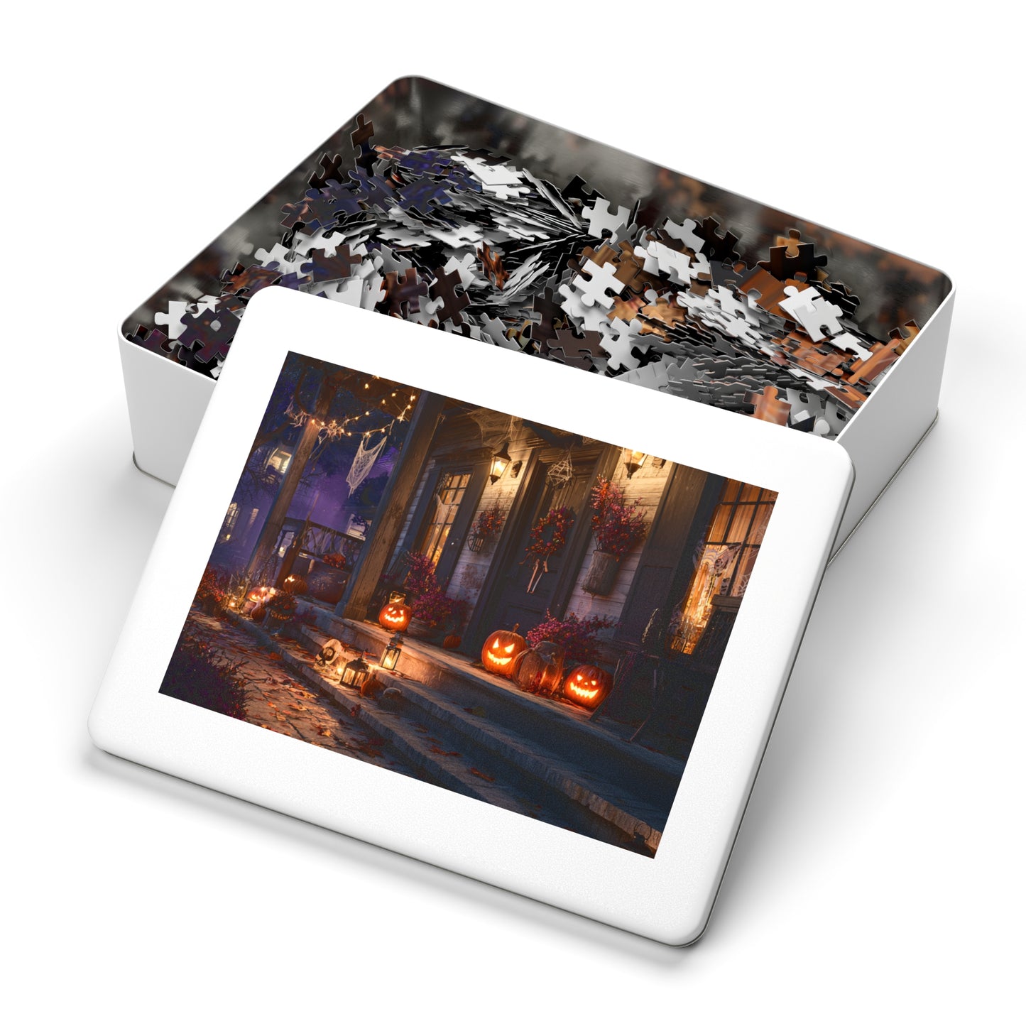 Haunted Halloween Porch Puzzle with Tin, 30, 110, 252, 500, 1000 and 2000-piece variations, Puzzle for Halloween Lovers