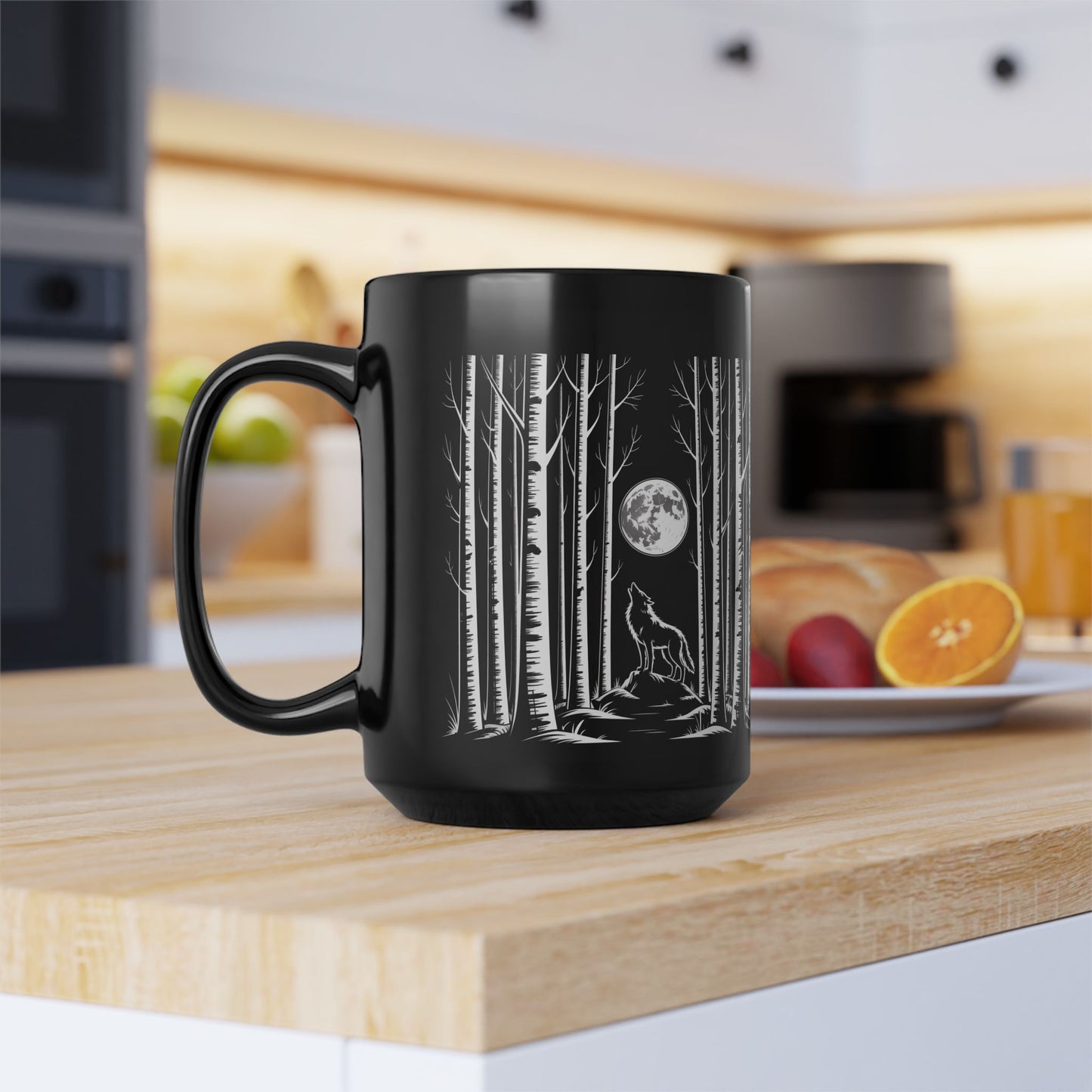 Wolf Howling at the Moon Forest Mug — Black Ceramic Coffee Cup (11oz, 15oz)