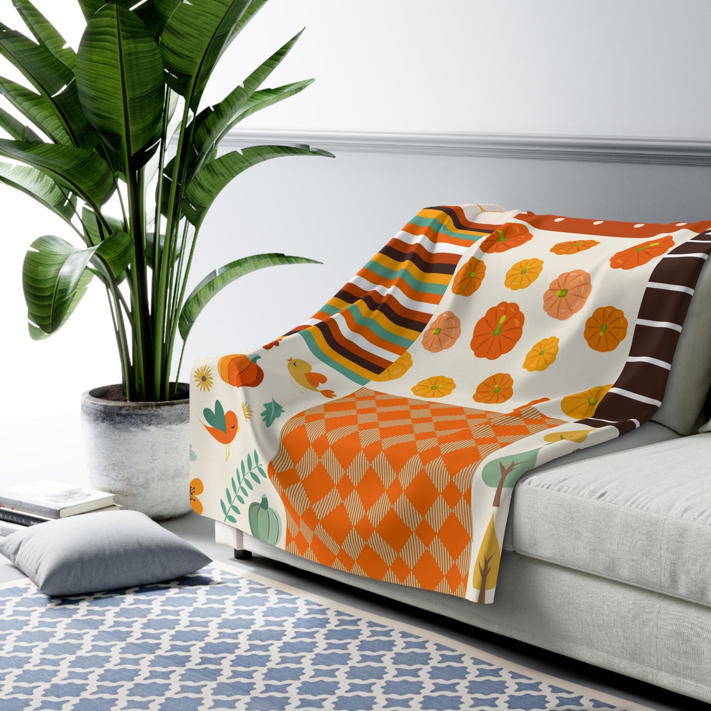 Cozy Autumn Sherpa Blanket | Pumpkin & Leaf Fleece Throw | Fall Decor Accent | Soft Plush Warm Blanket Gift | Jazz N’ Coffee Puzzles