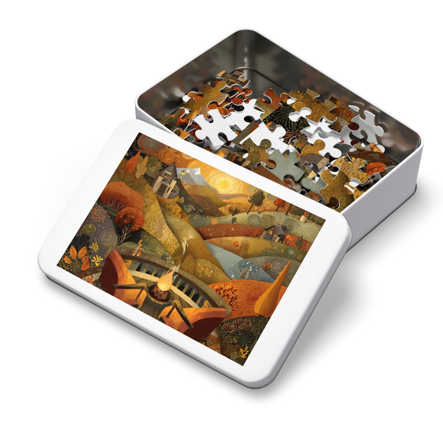 Autumn Fireside Puzzle — 500-Piece Scenic Jigsaw with Tin