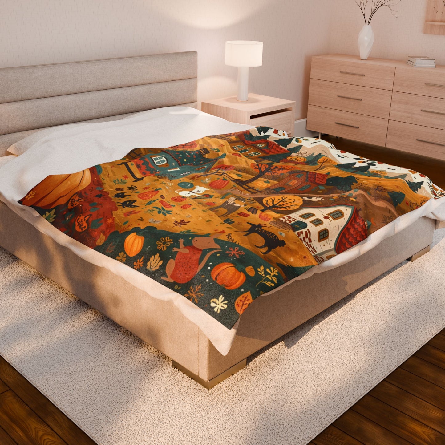Cozy Autumn Village Velveteen Plush Blanket | Fall Harvest Throw | Soft Plush Blanket Gift | Warm Rustic Home Decor | Pumpkin Season Blanket
