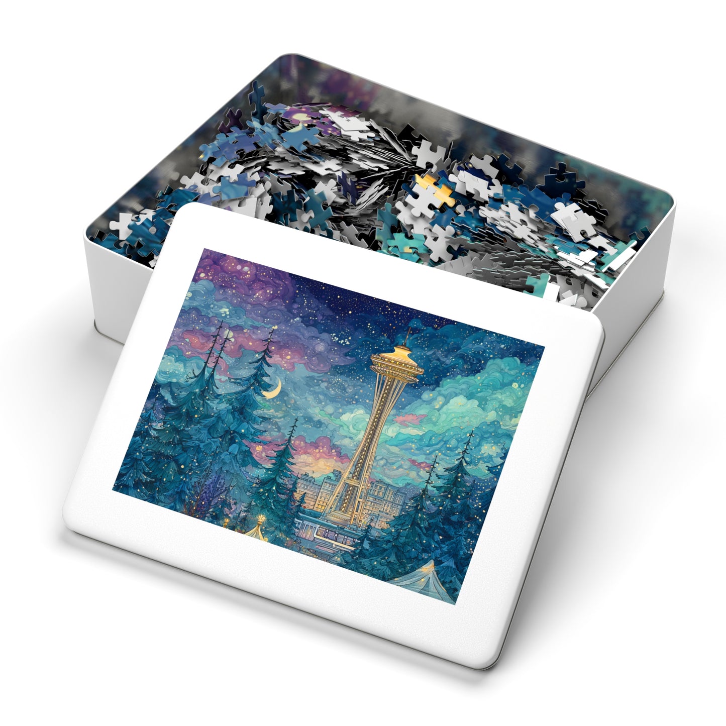 Whimsical Seattle Jigsaw Puzzle with Tin