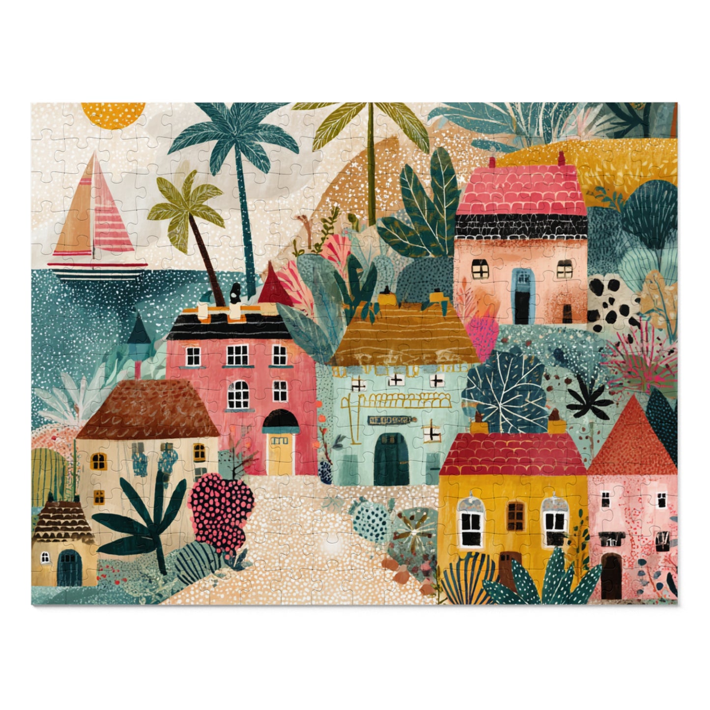 Colorful Coastal Village Jigsaw Puzzle with Tin – Fun Family Activity, Whimsical Folk Art Puzzle, Gift for All Ages
