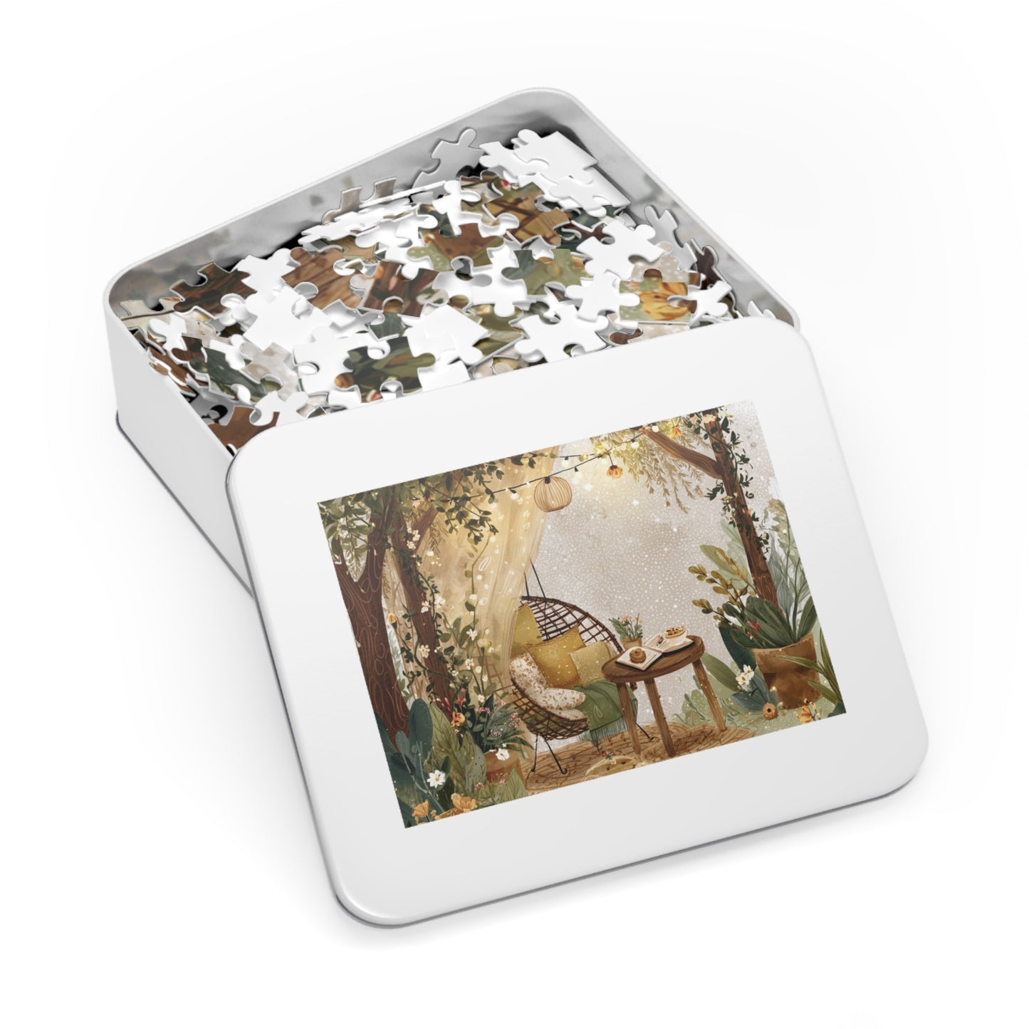 Cozy Garden Retreat Jigsaw Puzzle with Tin – 500-Piece Tranquil Reading Nook Scene