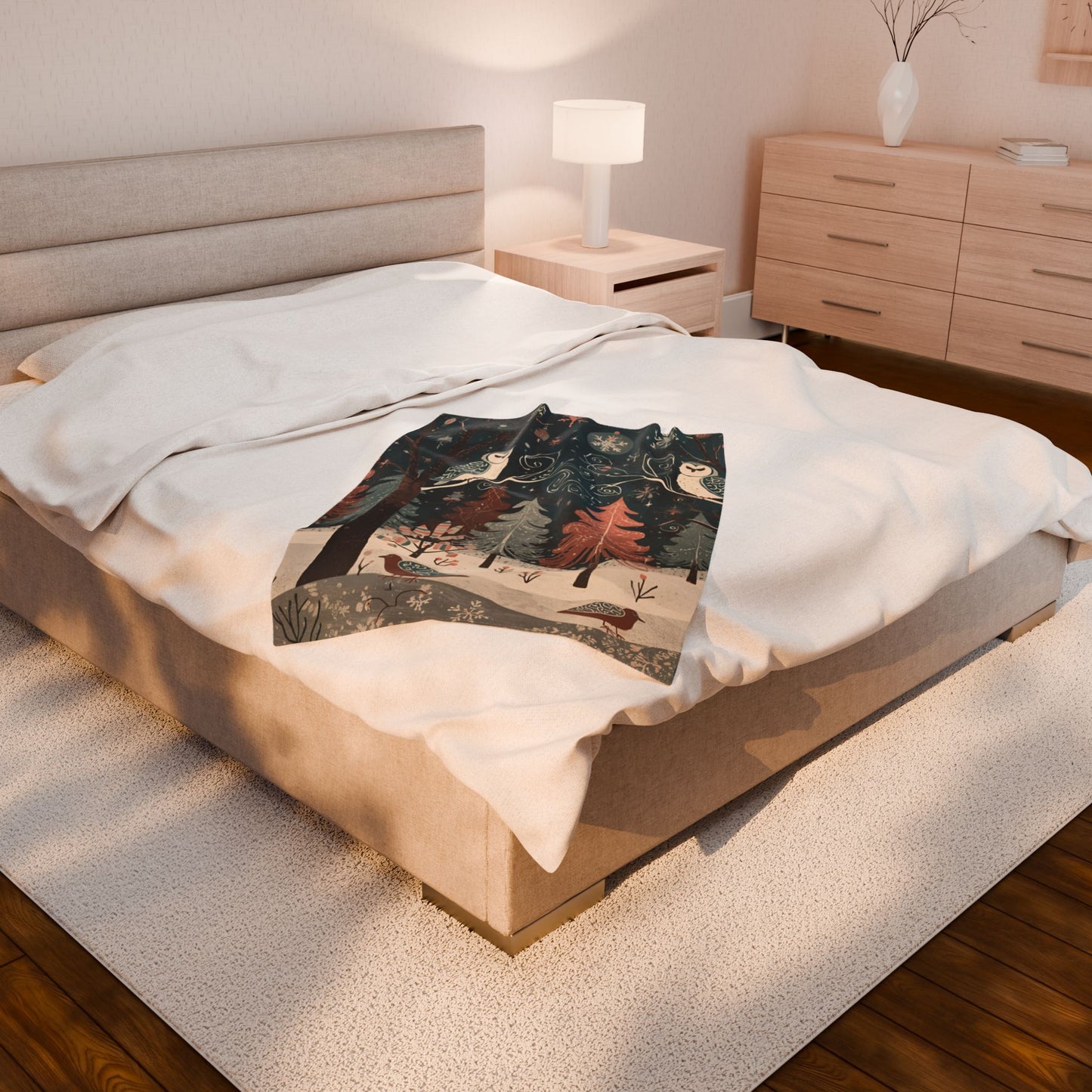 Whimsical Winter Owl Forest Velveteen Plush Blanket | Cozy Woodland Throw | Soft Plush Blanket Gift | Snowy Owl and Pine Tree Decor