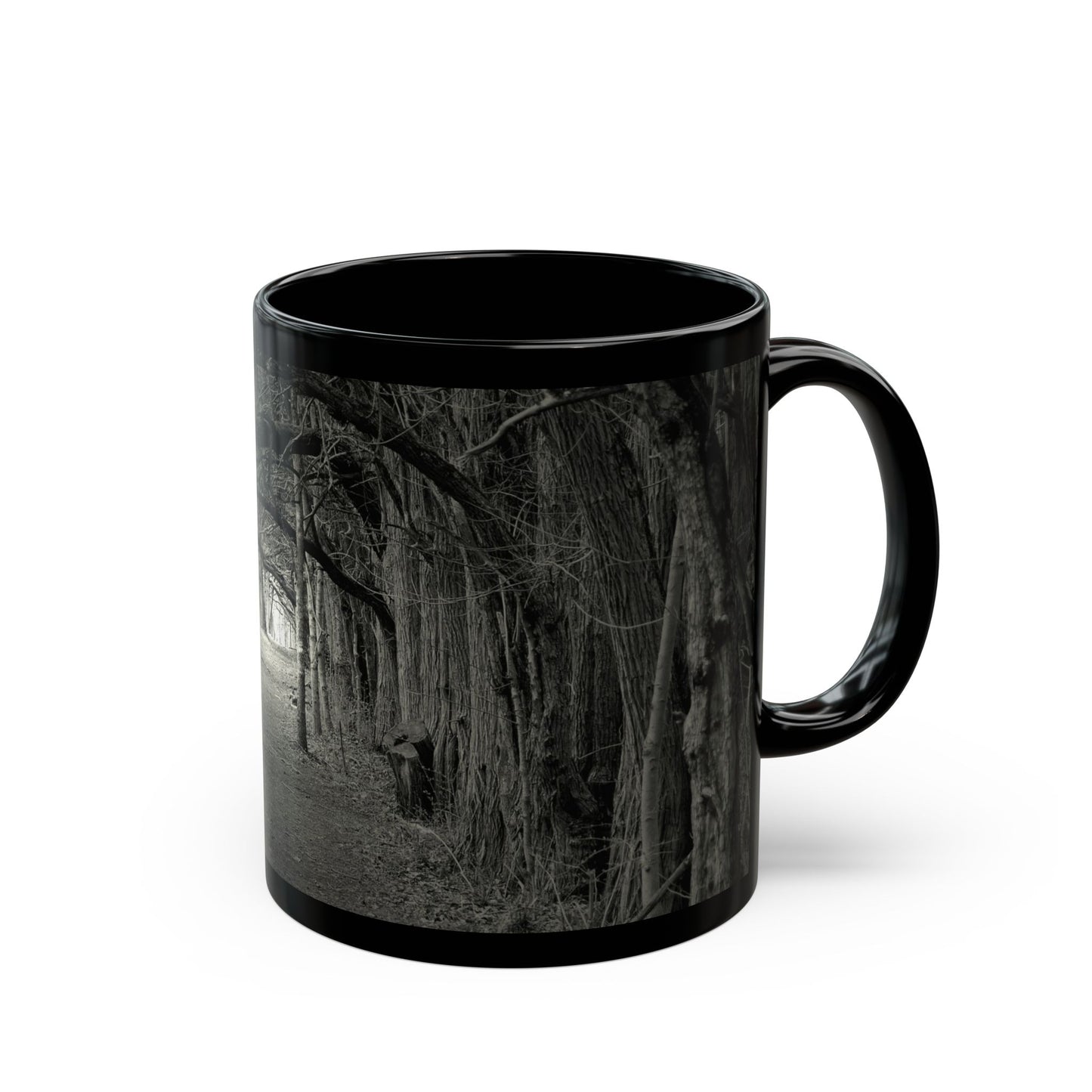 Black Ceramic Mug — Gothic Moody Forest Tunnel Photography (11oz & 15oz)