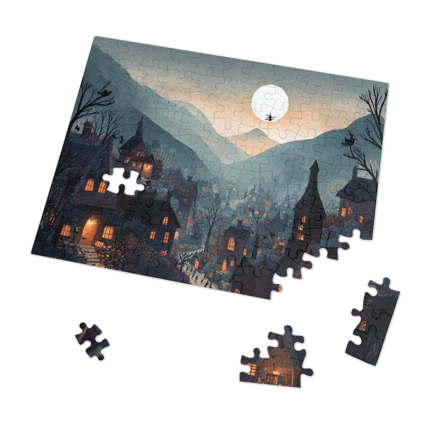 Witchs Coven Village Puzzle, Spooky Halloween Homes, Puzzle with Tin, Halloween Puzzle