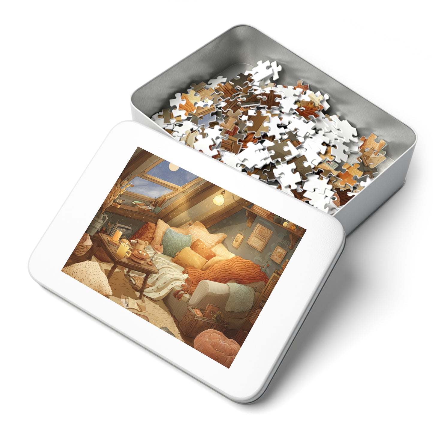 Cozy Attic Reading Nook Jigsaw Puzzle with Tin - 500pc Relaxing Home Illustration