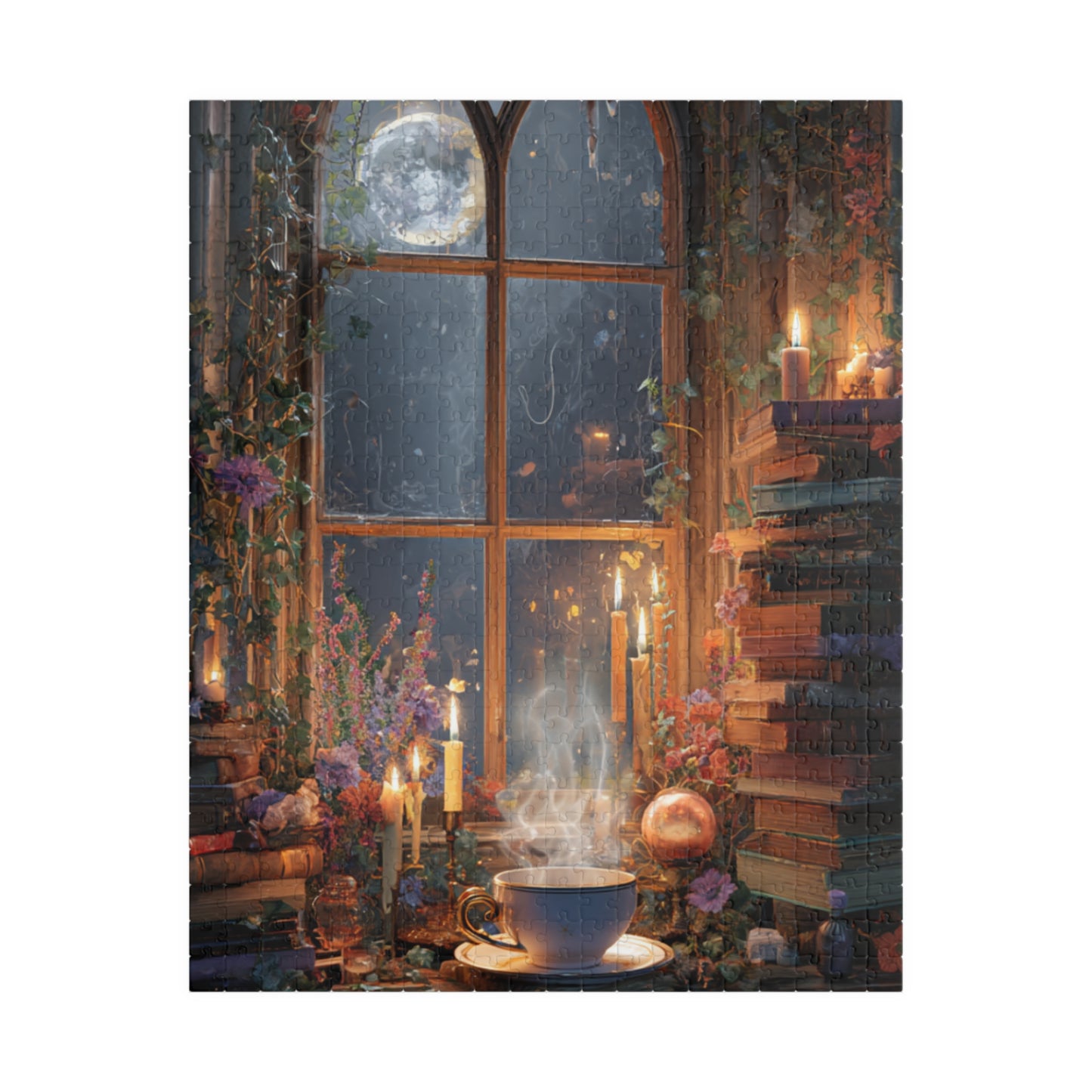 Moonlit Witchs Den Puzzle with Spellbooks, Herbal Remedies and Candlelit Magic Jigsaw Puzzle, Witchy Puzzle, Halloween Puzzle