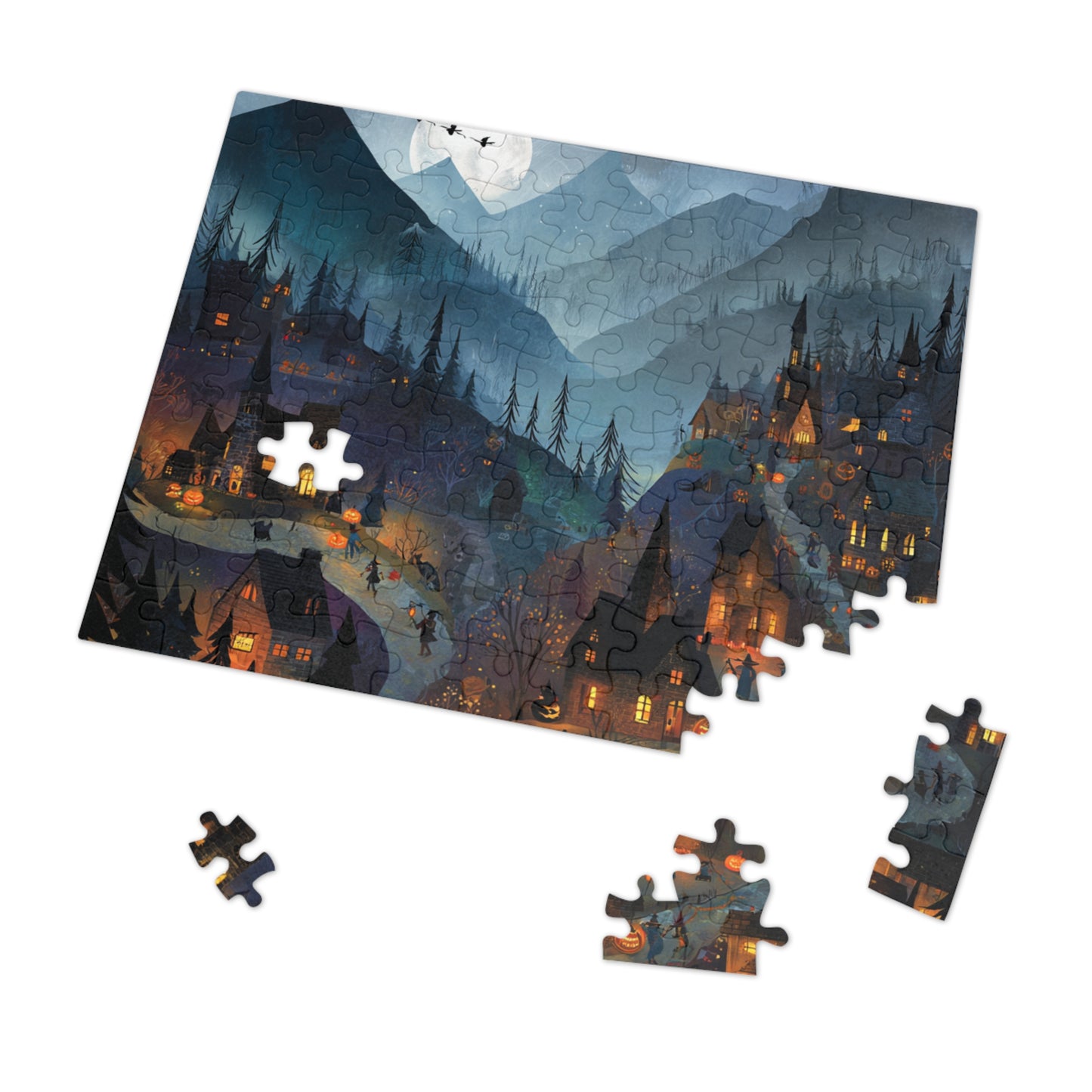Haunted Mountain Town Puzzle, Spooky Halloween Streets and Eerie Nightscape Jigsaw Puzzle with Tin, Halloween Puzzle